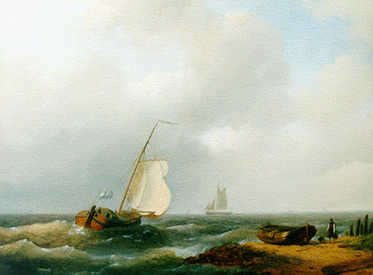 Hulk A. | Abraham Hulk, Zeilende platbodems langs de kust, olieverf op paneel 24,7 x 32,7 cm, gesigneerd rechtsonder en gedateerd 1848 Hulk A. | Abraham Hulk, Zeilende platbodems langs de kust, olieverf op paneel 24,7 x 32,7 cm, gesigneerd rechtsonder en gedateerd 1848