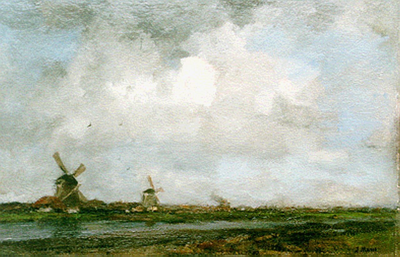 Maris J.H. | Jacobus Hendricus 'Jacob' Maris, Molens langs een vaart bij Leiden, olieverf op doek 32,3 x 49,5 cm, gesigneerd rechtsonder Maris J.H. | Jacobus Hendricus 'Jacob' Maris, Molens langs een vaart bij Leiden, olieverf op doek 32,3 x 49,5 cm, gesigneerd rechtsonder