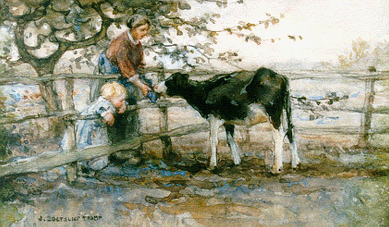 Zoetelief Tromp J.  | Johannes 'Jan' Zoetelief Tromp, Kalfje voeren, aquarel en gouache op papier 18,3 x 28,5 cm, gesigneerd linksonder
