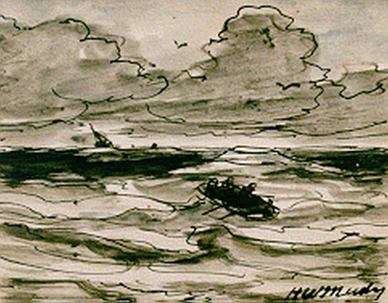 Mesdag H.W. | Hendrik Willem Mesdag, Reddingssloep op volle zee, aquarel op papier 9,4 x 11,7 cm, gesigneerd rechtsonder Mesdag H.W. | Hendrik Willem Mesdag, Reddingssloep op volle zee, aquarel op papier 9,4 x 11,7 cm, gesigneerd rechtsonder