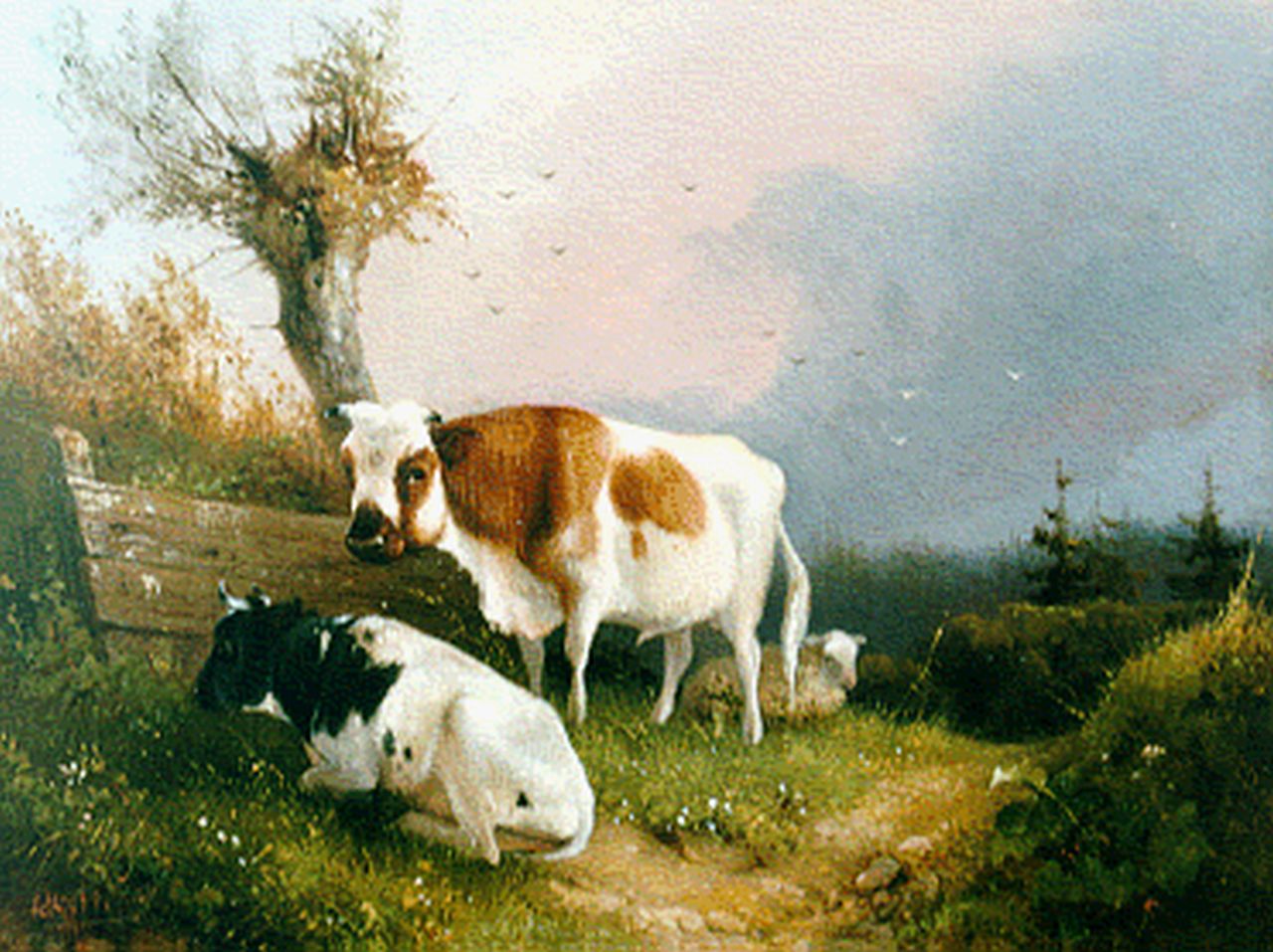 Knip A.  | Augustus 'August' Knip, Koeien bij een wilgenboom, olieverf op paneel 15,0 x 19,8 cm, gesigneerd linksonder