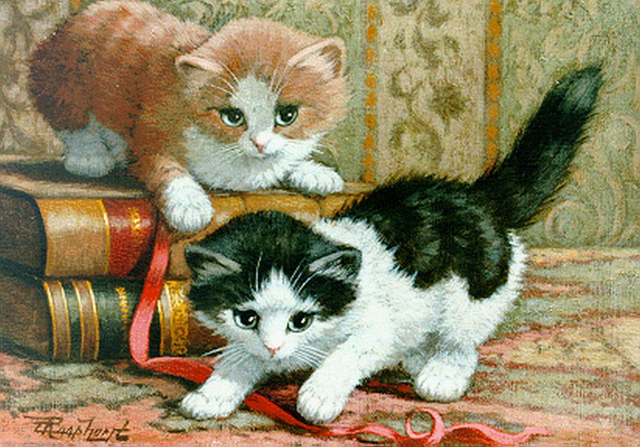 Raaphorst C. | Cornelis Raaphorst, Jonge katjes bij boeken, olieverf op doek 20,3 x 27,0 cm, gesigneerd linksonder Raaphorst C. | Cornelis Raaphorst, Jonge katjes bij boeken, olieverf op doek 20,3 x 27,0 cm, gesigneerd linksonder