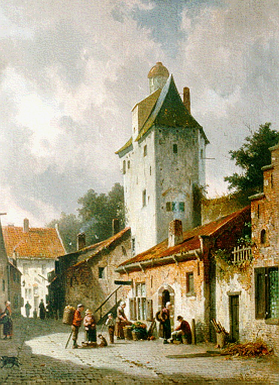 Eversen A. | Adrianus Eversen, Drukbevolkt zomers straatje, olieverf op doek 44,0 x 36,3 cm, gesigneerd rechtsonder Eversen A. | Adrianus Eversen, Drukbevolkt zomers straatje, olieverf op doek 44,0 x 36,3 cm, gesigneerd rechtsonder