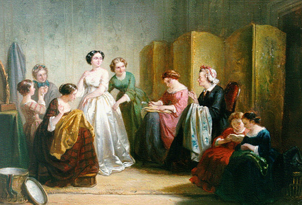 Reijntjens H.E. | Henricus Engelbertus Reijntjens, Het passen van de bruidsjurk, olieverf op paneel 26,7 x 38,5 cm, gesigneerd linksonder en gedateerd 1863 Reijntjens H.E. | Henricus Engelbertus Reijntjens, Het passen van de bruidsjurk, olieverf op paneel 26,7 x 38,5 cm, gesigneerd linksonder en gedateerd 1863