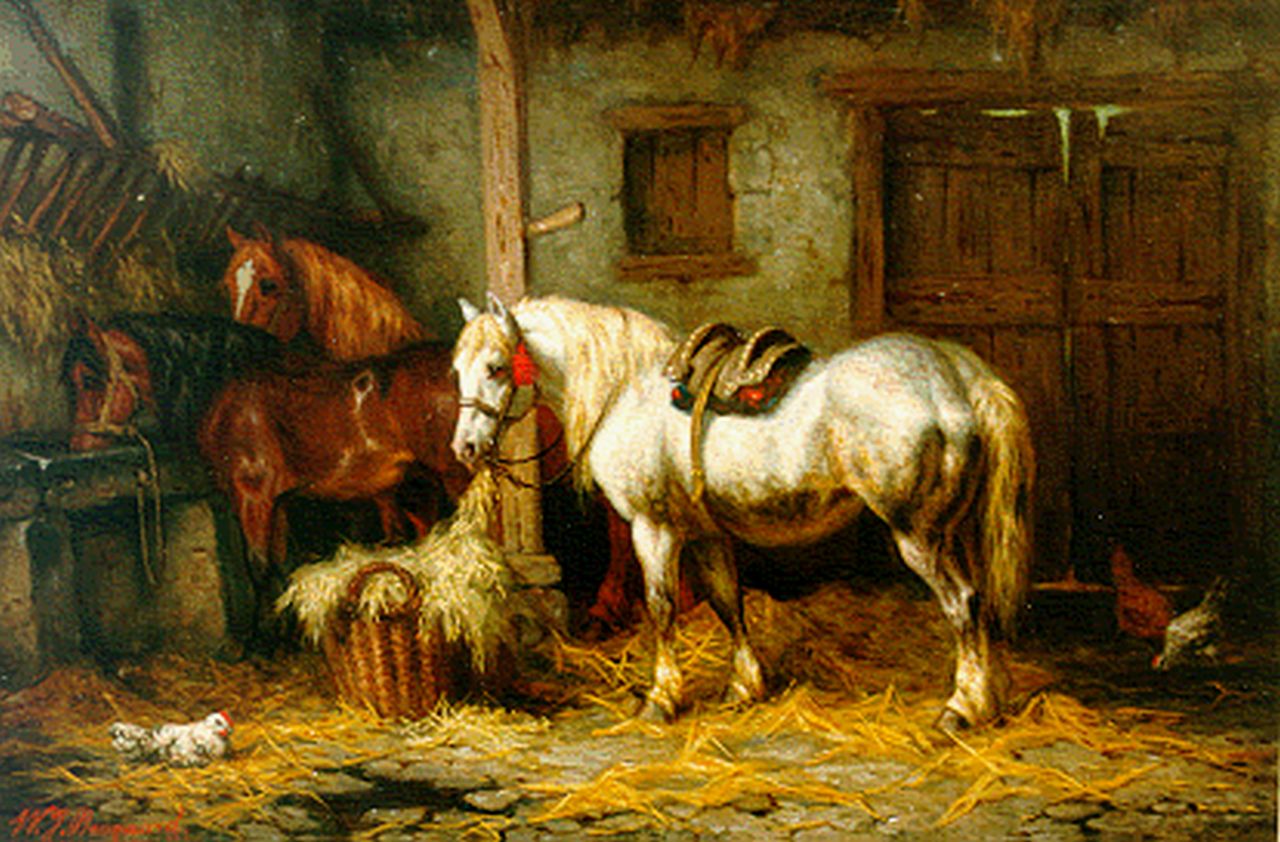 Boogaard W.J. | Willem Johan Boogaard, Drie paarden in een stal, olieverf op paneel 26,8 x 39,9 cm, gesigneerd linksonder en gedateerd 1881 Boogaard W.J. | Willem Johan Boogaard, Drie paarden in een stal, olieverf op paneel 26,8 x 39,9 cm, gesigneerd linksonder en gedateerd 1881
