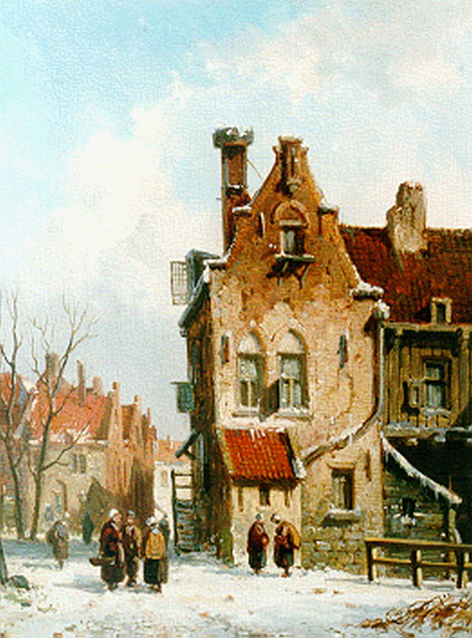 Eversen A. | Adrianus Eversen, Drukbevolkt straatje in de winter, olieverf op paneel 18,4 x 13,8 cm, gesigneerd linksonder monogram Eversen A. | Adrianus Eversen, Drukbevolkt straatje in de winter, olieverf op paneel 18,4 x 13,8 cm, gesigneerd linksonder monogram