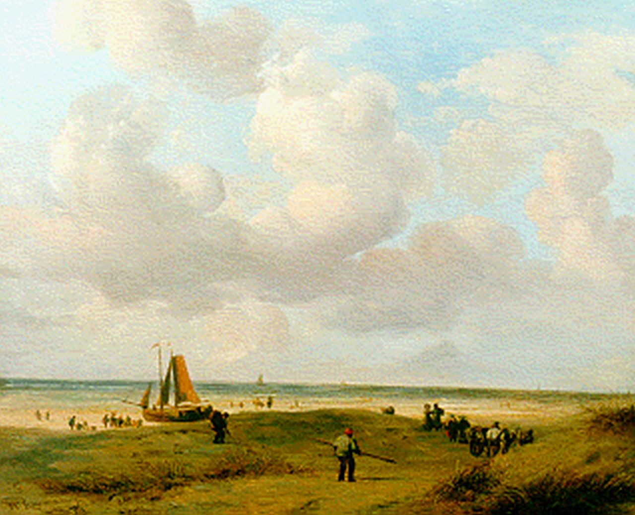 Ravenswaay J. van | Jan van Ravenswaay, Strandgezicht met vissersvolk en een zeilschip, olieverf op paneel 25,7 x 31,7 cm, gesigneerd linksonder en gedateerd 1827 Ravenswaay J. van | Jan van Ravenswaay, Strandgezicht met vissersvolk en een zeilschip, olieverf op paneel 25,7 x 31,7 cm, gesigneerd linksonder en gedateerd 1827