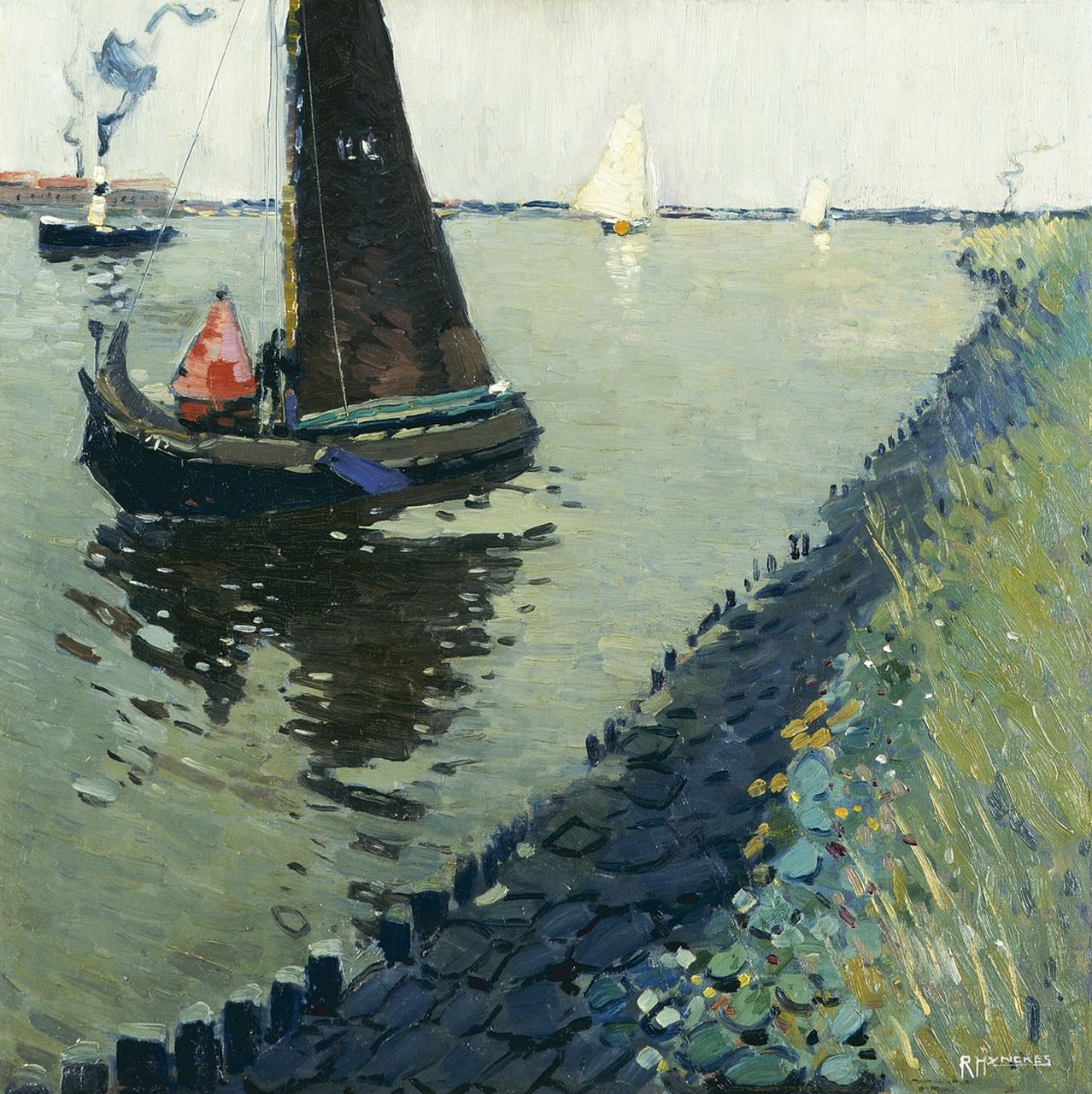 Hynckes R.  | Raoul Hynckes, Zuiderzeegezicht met botter, 54,8 x 55,0 cm, gesigneerd rechtsonder en te dateren 1912-1916