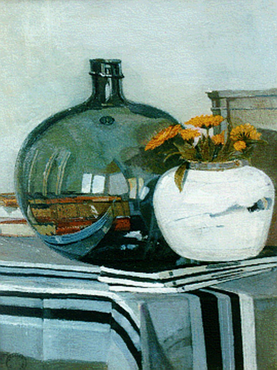Ket D.H. | Dirk Hendrik 'Dick' Ket, Stilleven met boeken, zoutzuurfles, bloemen in gemberpot, olieverf op doek 36,5 x 28,0 cm, gesigneerd linksonder en te dateren 1925-1926 Ket D.H. | Dirk Hendrik 'Dick' Ket, Stilleven met boeken, zoutzuurfles, bloemen in gemberpot, olieverf op doek 36,5 x 28,0 cm, gesigneerd linksonder en te dateren 1925-1926