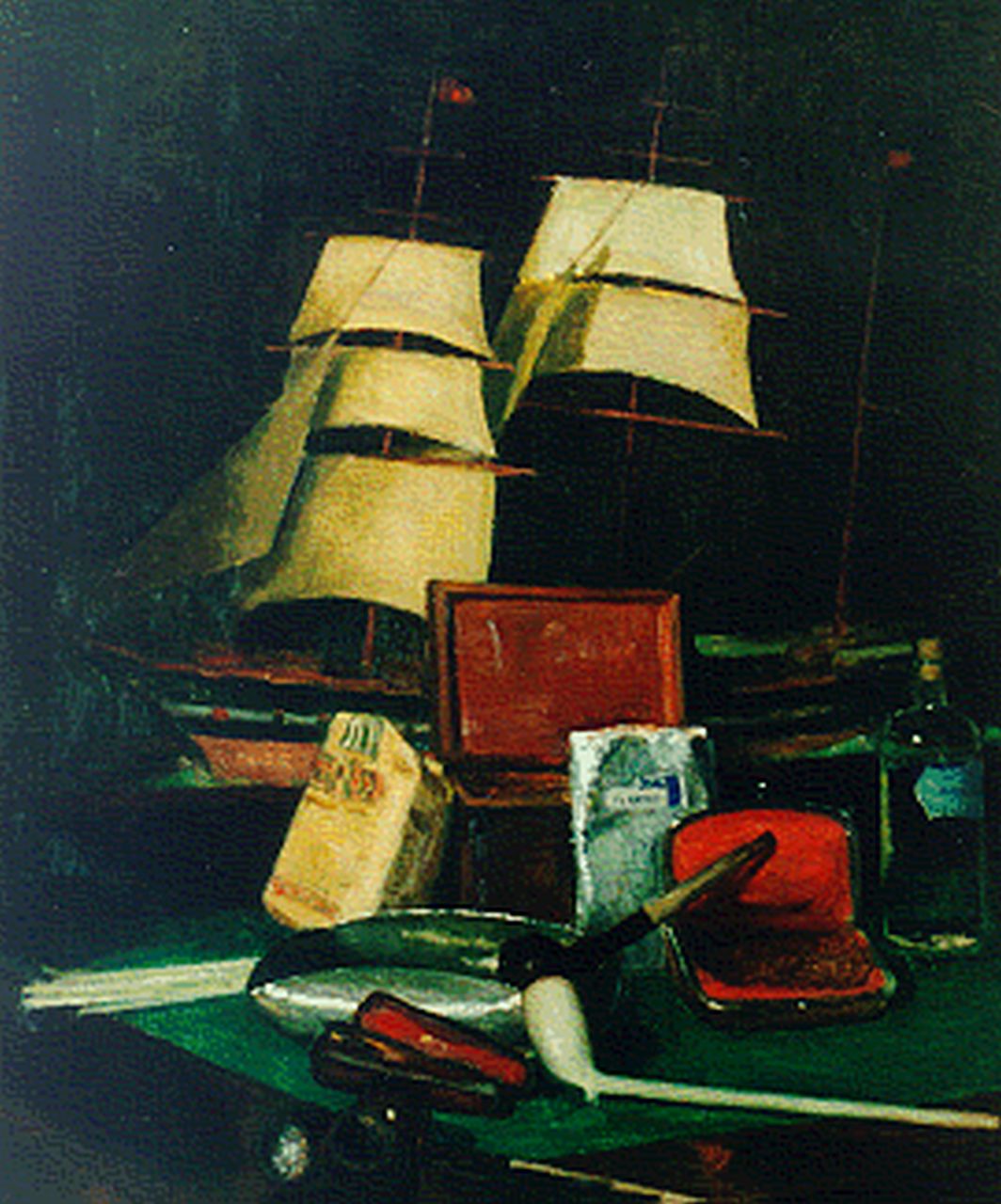 Peizel B. | Bartele 'Bart' Peizel, Stilleven met modelschip, olieverf op doek 60,0 x 50,2 cm, gesigneerd linksonder en verso Peizel B. | Bartele 'Bart' Peizel, Stilleven met modelschip, olieverf op doek 60,0 x 50,2 cm, gesigneerd linksonder en verso