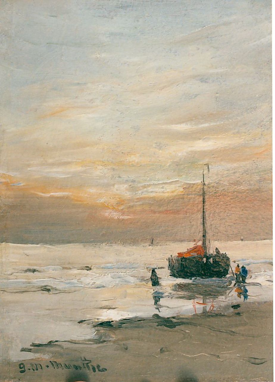 Munthe G.A.L. | Gerhard Arij Ludwig 'Morgenstjerne' Munthe, Bomschuit in de branding, olieverf op paneel 21,0 x 15,9 cm, gesigneerd linksonder en gedateerd '26 Munthe G.A.L. | Gerhard Arij Ludwig 'Morgenstjerne' Munthe, Bomschuit in de branding, olieverf op paneel 21,0 x 15,9 cm, gesigneerd linksonder en gedateerd '26