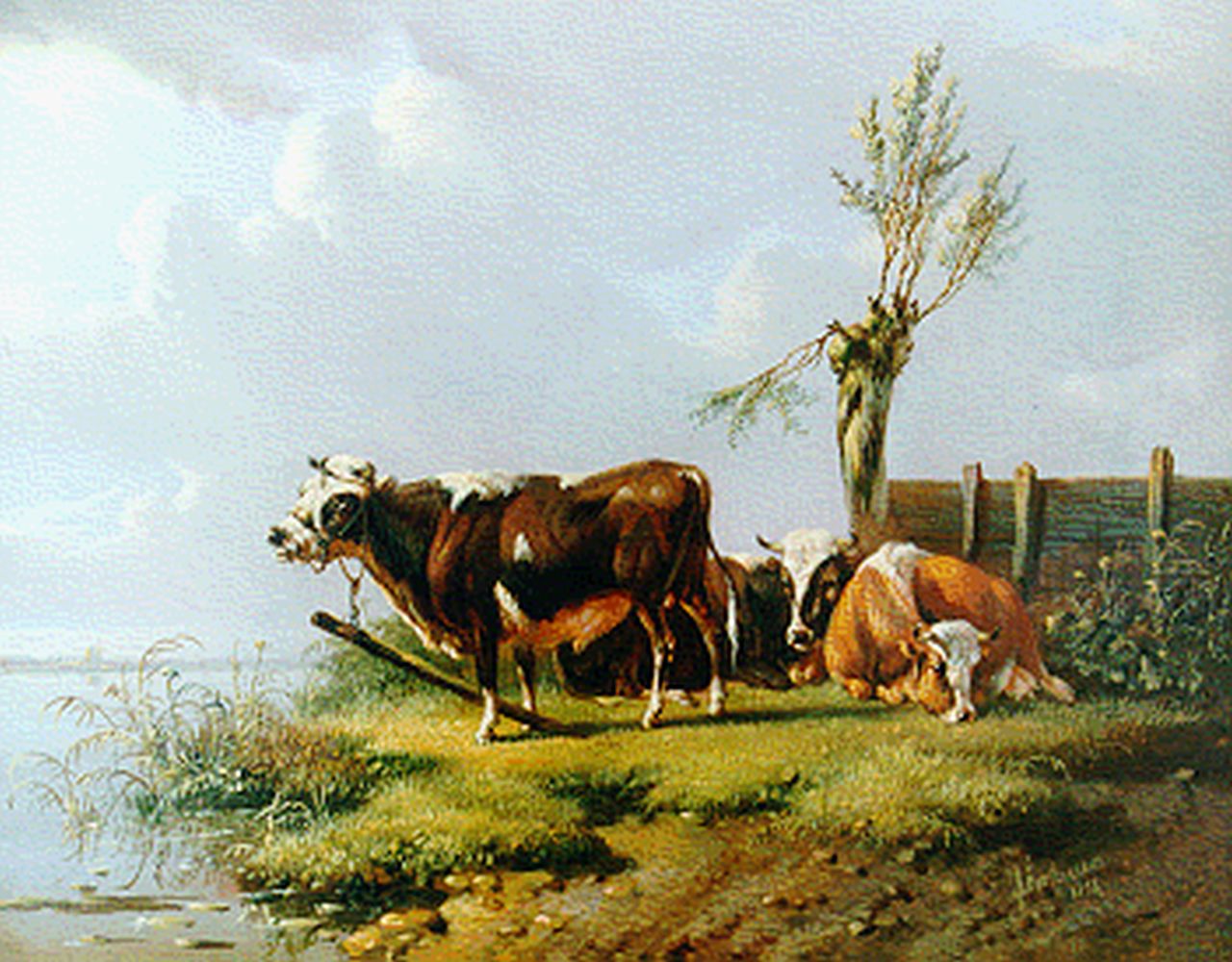 Verhoesen A. | Albertus Verhoesen, Weidelandschap met koeien aan het water, olieverf op paneel 14,3 x 17,6 cm, gesigneerd rechtsonder en gedateerd 1856 Verhoesen A. | Albertus Verhoesen, Weidelandschap met koeien aan het water, olieverf op paneel 14,3 x 17,6 cm, gesigneerd rechtsonder en gedateerd 1856