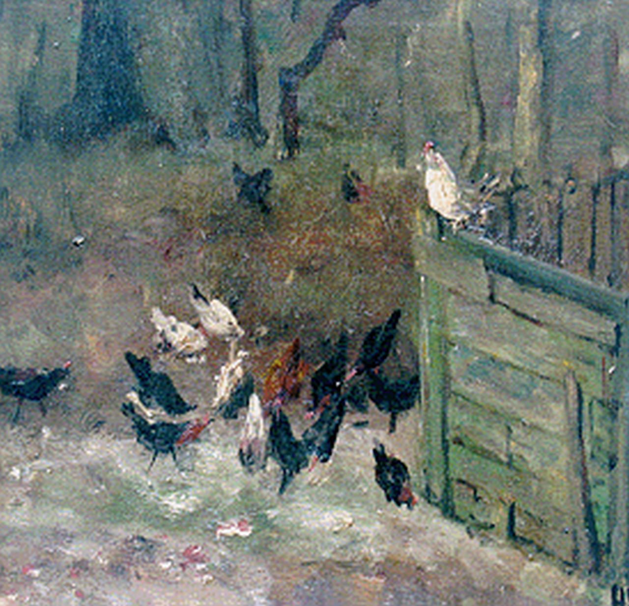 Mesdag H.W. | Hendrik Willem Mesdag, Kippen bij een hekje, 21,2 x 21,6 cm, gesigneerd rechtsonder in Mesdag H.W. | Hendrik Willem Mesdag, Kippen bij een hekje, 21,2 x 21,6 cm, gesigneerd rechtsonder in