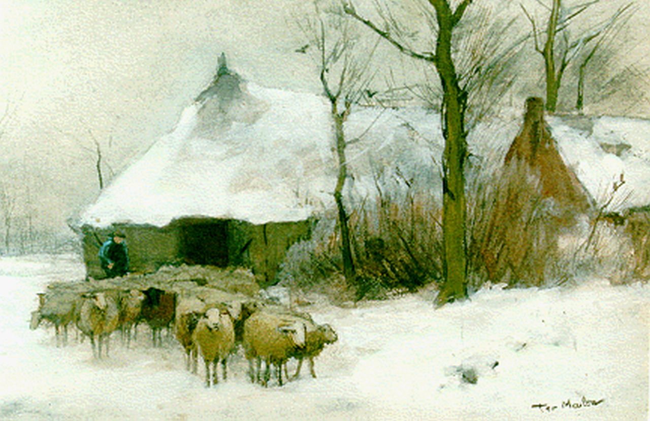 Meulen F.P. ter | François Pieter ter Meulen, Herder met zijn kudde bij de schaapskooi, aquarel en gouache op papier 18,2 x 26,3 cm, gesigneerd rechtsonder Meulen F.P. ter | François Pieter ter Meulen, Herder met zijn kudde bij de schaapskooi, aquarel en gouache op papier 18,2 x 26,3 cm, gesigneerd rechtsonder