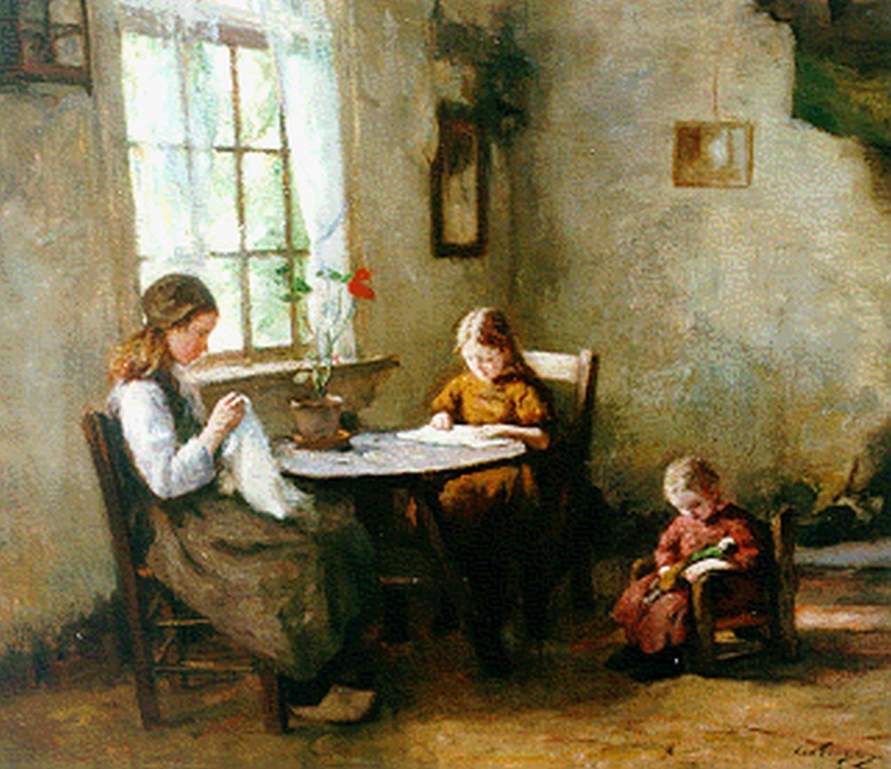 Tonge L.L. van der | 'Lammert' Leire van der Tonge, Larens interieur met kinderen, olieverf op doek 60,0 x 70,3 cm, gesigneerd rechtsonder Tonge L.L. van der | 'Lammert' Leire van der Tonge, Larens interieur met kinderen, olieverf op doek 60,0 x 70,3 cm, gesigneerd rechtsonder