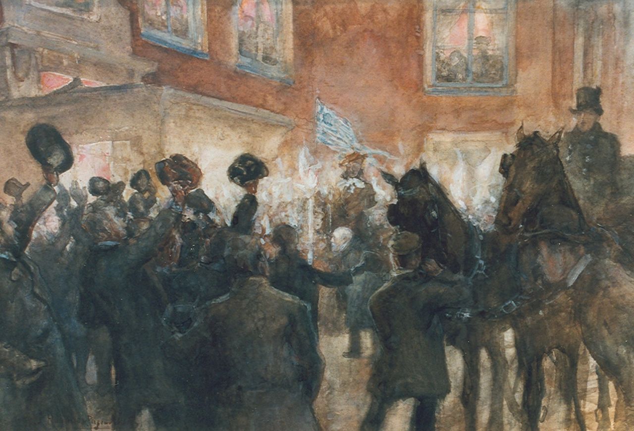 Hoynck van Papendrecht J.  | Jan Hoynck van Papendrecht, Huldiging van Jozef Israels in Pulchri Studio, aquarel op papier 42,0 x 62,2 cm, gesigneerd linksonder
