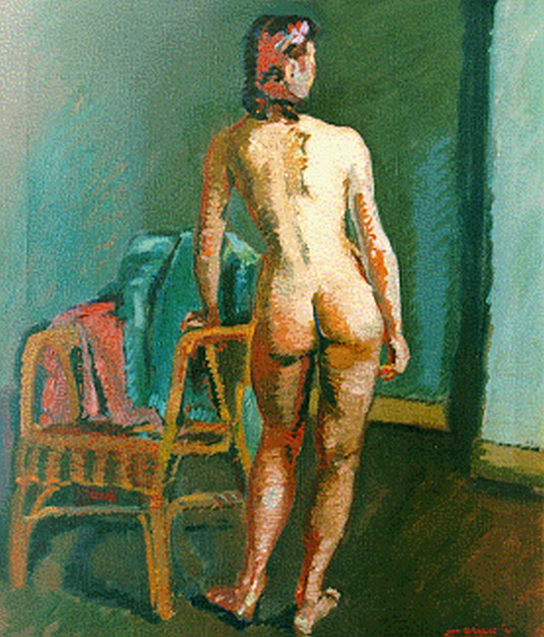 Wiegers J. | Jan Wiegers, Vrouwelijk naakt op de rug gezien, olieverf op doek 70,3 x 60,3 cm, gesigneerd rechtsonder en gedateerd '41 Wiegers J. | Jan Wiegers, Vrouwelijk naakt op de rug gezien, olieverf op doek 70,3 x 60,3 cm, gesigneerd rechtsonder en gedateerd '41