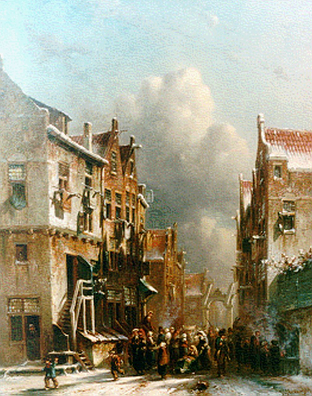 Vertin P.G.  | Petrus Gerardus Vertin, Markt in winters straatje, olieverf op paneel 40,3 x 32,1 cm, gesigneerd rechtsonder en gedateerd '67