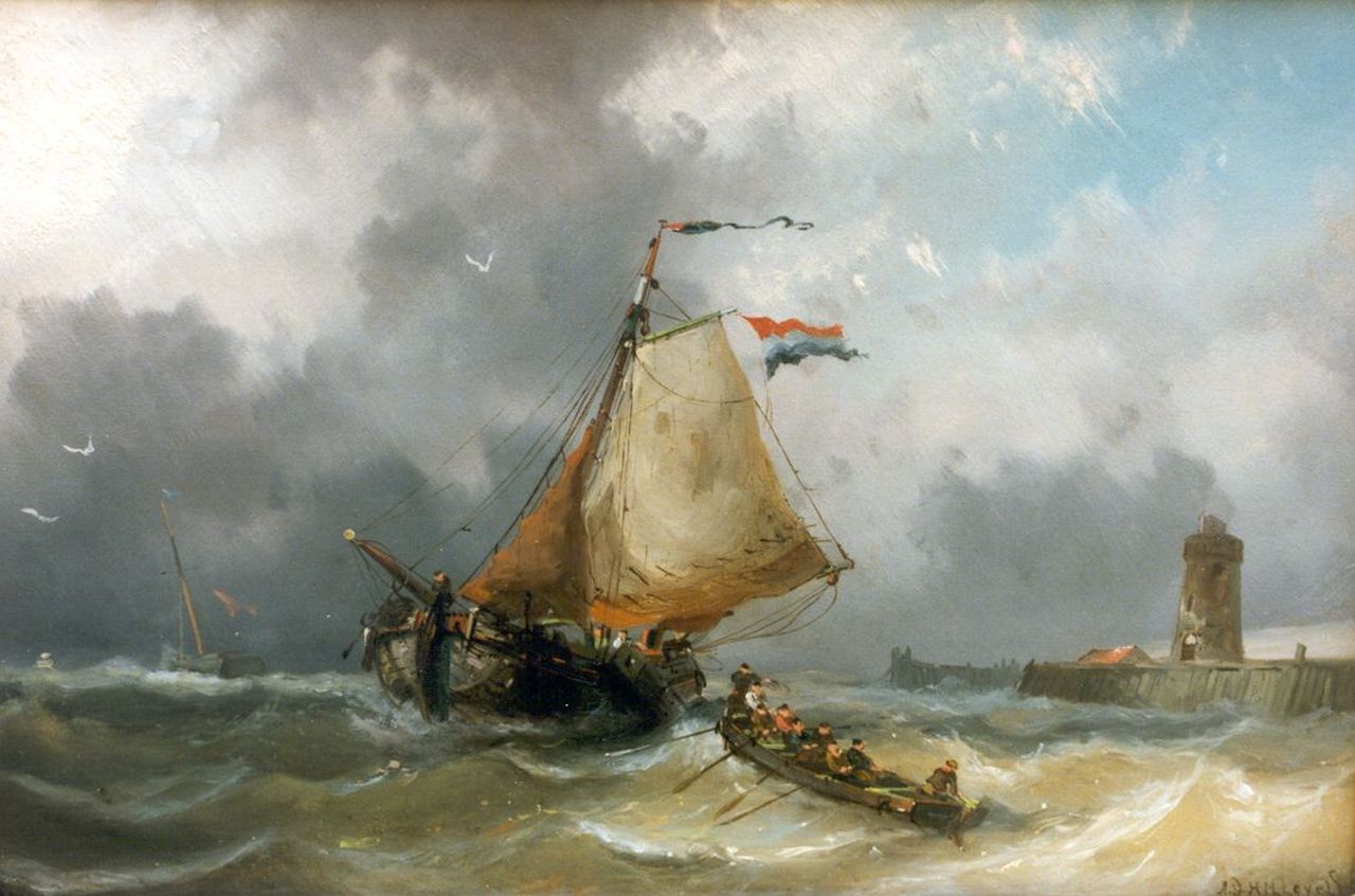 Hilleveld A.D. | Adrianus David Hilleveld, Zeilschip en roeiboot op woelige zee bij havenhoofd, olieverf op paneel 24,9 x 38,2 cm, gesigneerd rechtsonder Hilleveld A.D. | Adrianus David Hilleveld, Zeilschip en roeiboot op woelige zee bij havenhoofd, olieverf op paneel 24,9 x 38,2 cm, gesigneerd rechtsonder