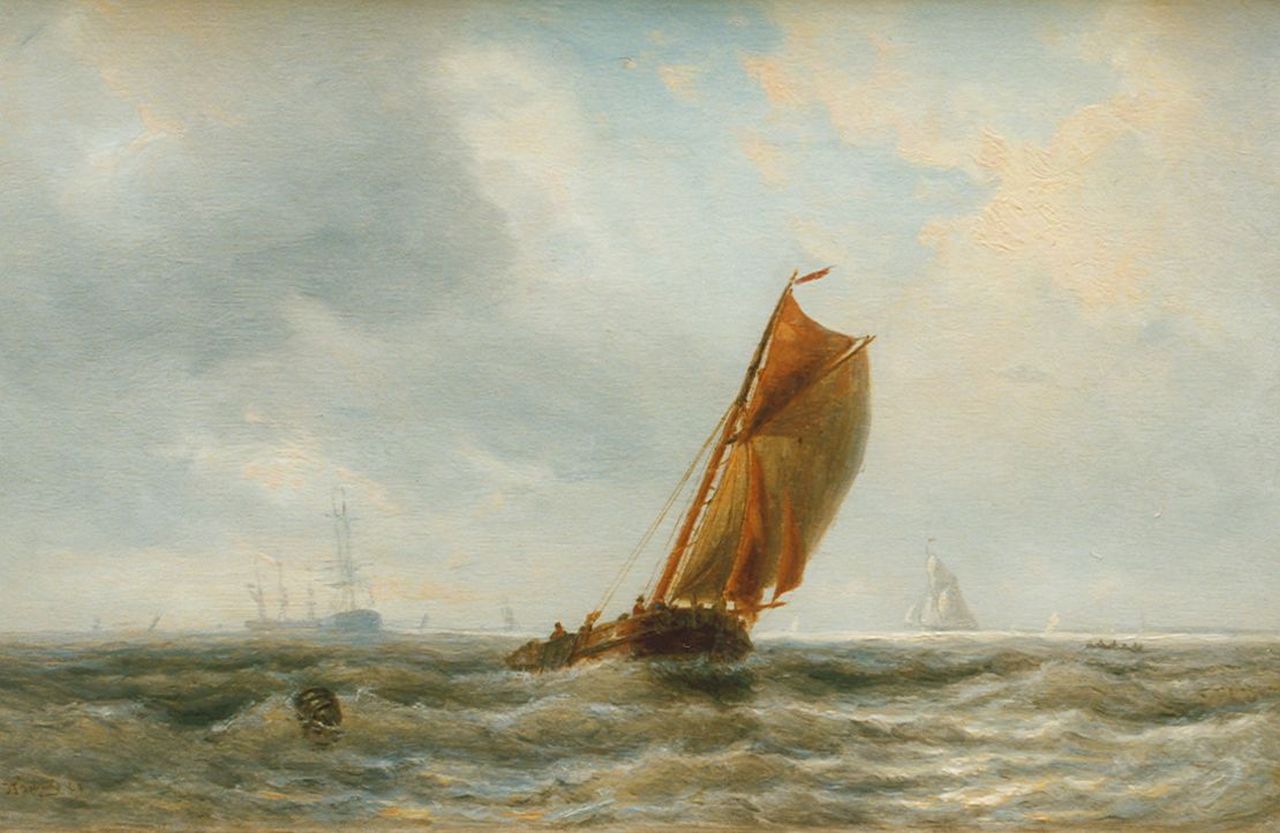Schütz J.F.  | Jan Frederik Schütz, Zeilschepen op woelige zee, olieverf op paneel 19,7 x 30,6 cm, gesigneerd linksonder en gedateerd '63
