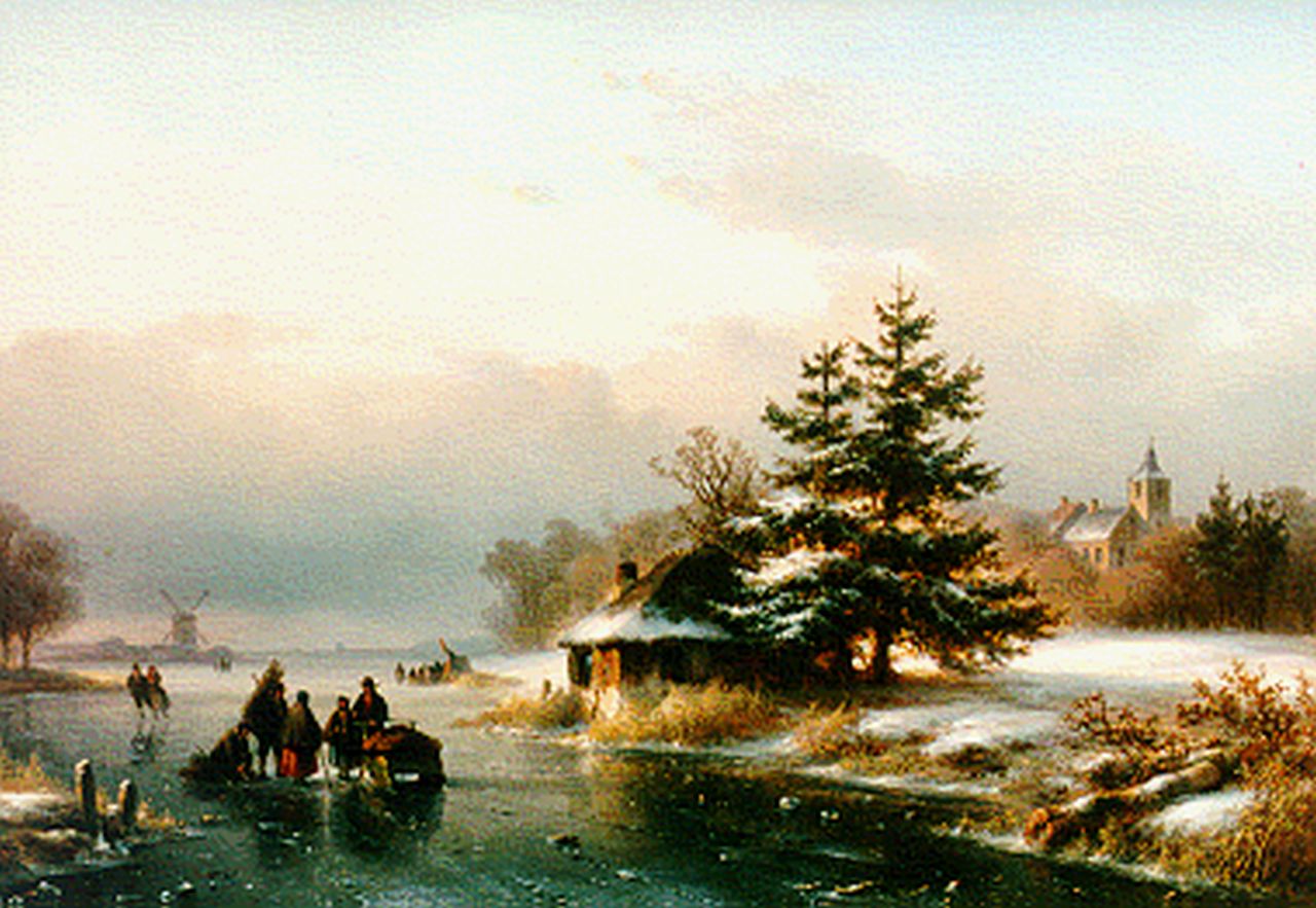 Kleijn L.J. | Lodewijk Johannes Kleijn, Schaatsers op een bevroren rivier, olieverf op paneel 39,5 x 40,6 cm, gesigneerd rechtsonder Kleijn L.J. | Lodewijk Johannes Kleijn, Schaatsers op een bevroren rivier, olieverf op paneel 39,5 x 40,6 cm, gesigneerd rechtsonder