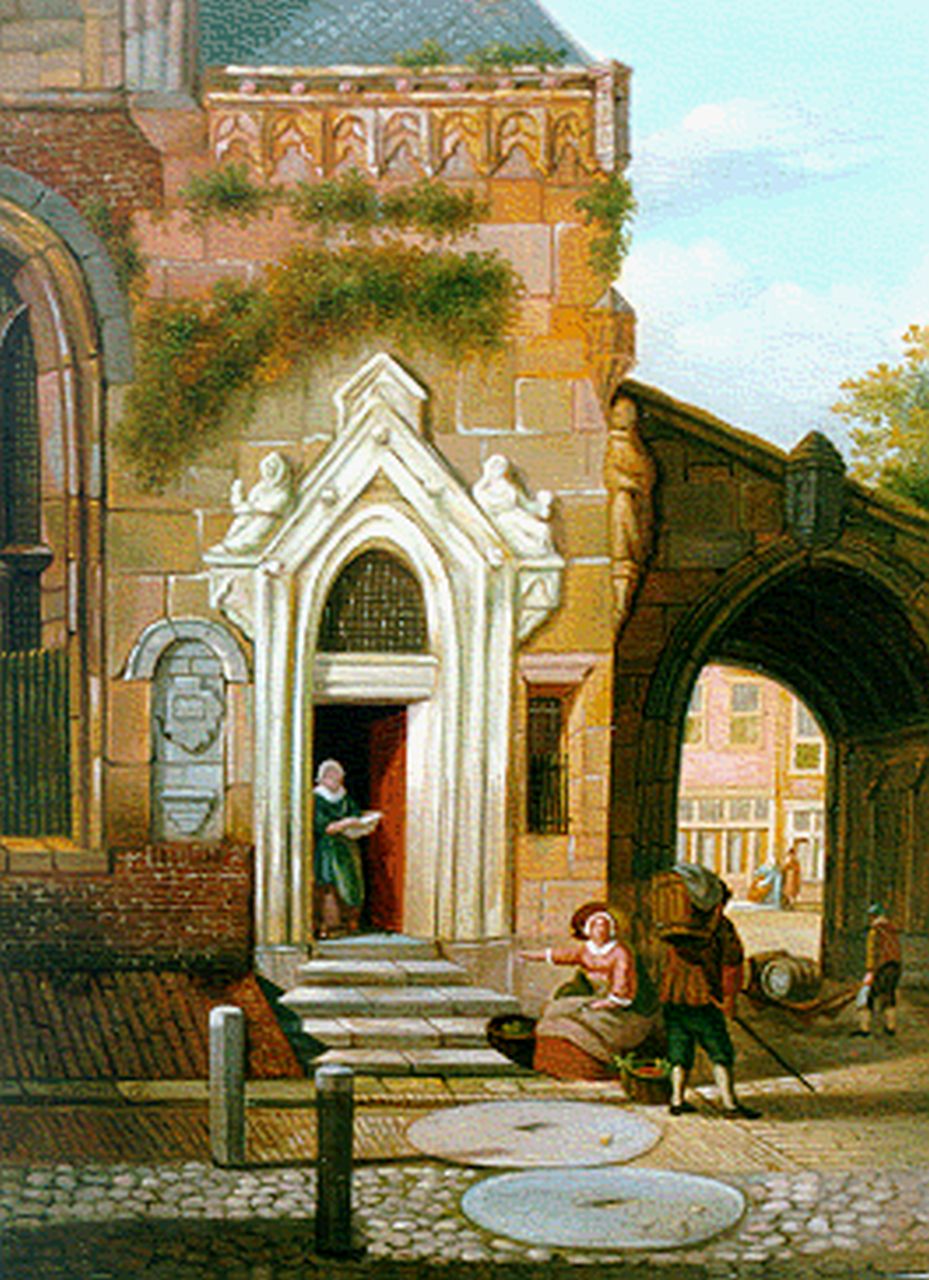 Verheijen J.H.  | Jan Hendrik Verheijen, Stadsgezicht met figuren, olieverf op paneel 19,5 x 15,4 cm, gesigneerd rest.l.o