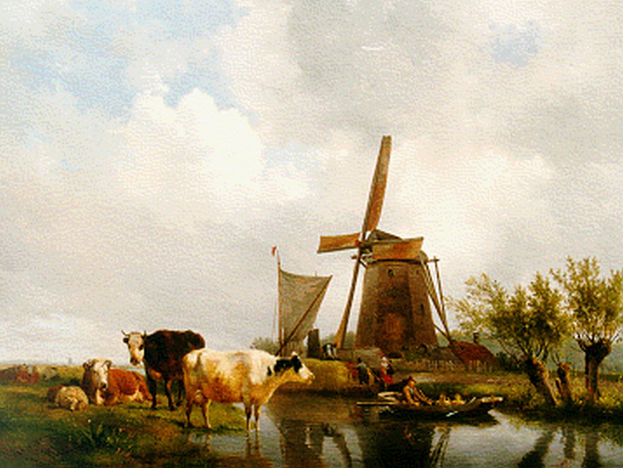 Sande Bakhuyzen H. van de | Hendrikus van de Sande Bakhuyzen, Zomers landschap met molen en vee, olieverf op paneel 47,7 x 63,5 cm, gesigneerd linksonder Sande Bakhuyzen H. van de | Hendrikus van de Sande Bakhuyzen, Zomers landschap met molen en vee, olieverf op paneel 47,7 x 63,5 cm, gesigneerd linksonder