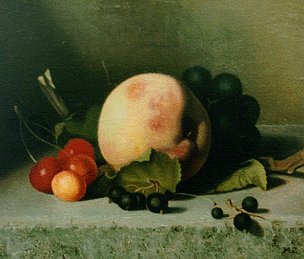 Hynckes-Zahn M. | Marguerite Hynckes-Zahn, Stilleven met fruit, 21,1 x 25,0 cm, gesigneerd rechtsonder ini Hynckes-Zahn M. | Marguerite Hynckes-Zahn, Stilleven met fruit, 21,1 x 25,0 cm, gesigneerd rechtsonder ini