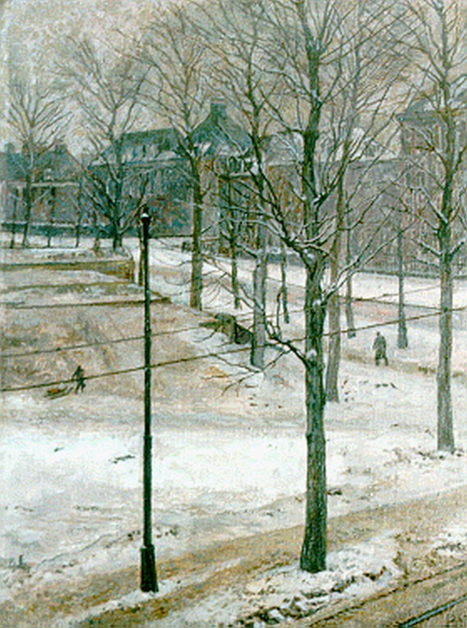 Feldmann C.A. | Karel Albert 'Carl Albert' Feldmann, Winters stadsgezicht in Amsterdam, olieverf op doek op paneel 35,0 x 26,1 cm, gesigneerd rechtsonder monogram en gedateerd 1947 Feldmann C.A. | Karel Albert 'Carl Albert' Feldmann, Winters stadsgezicht in Amsterdam, olieverf op doek op paneel 35,0 x 26,1 cm, gesigneerd rechtsonder monogram en gedateerd 1947