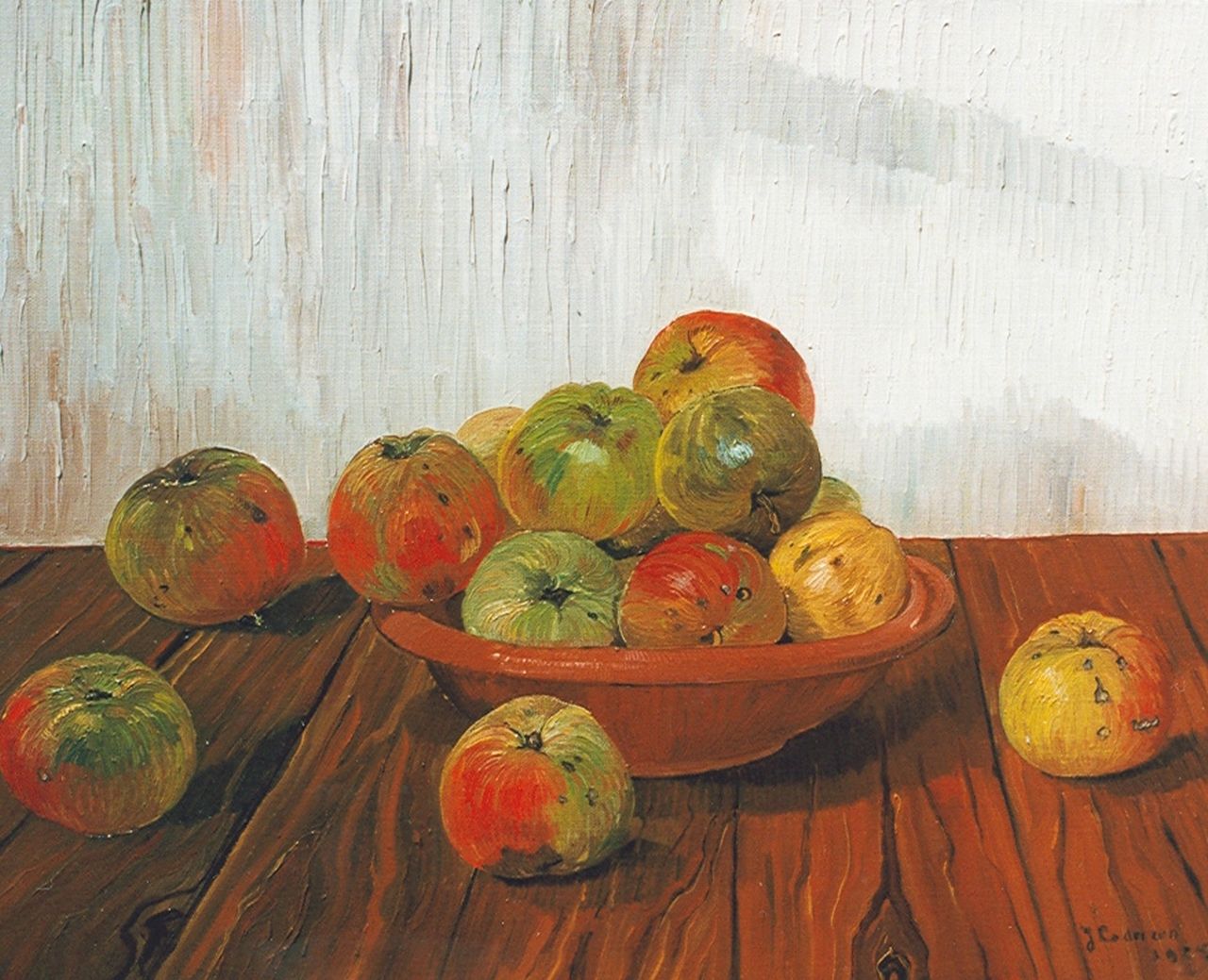 Lodeizen J. | Johannes 'Jo' Lodeizen, Stilleven met appels op een eiken tafel, olieverf op doek 40,0 x 50,3 cm, gesigneerd rechtsonder en gedateerd 1925 Lodeizen J. | Johannes 'Jo' Lodeizen, Stilleven met appels op een eiken tafel, olieverf op doek 40,0 x 50,3 cm, gesigneerd rechtsonder en gedateerd 1925