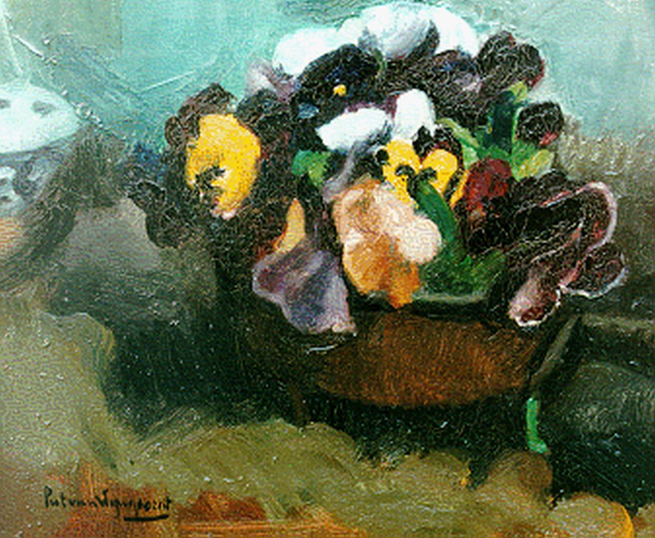 Wijngaerdt P.T. van | Petrus Theodorus 'Piet' van Wijngaerdt, Violen in een koperen pot, olieverf op doek 34,5 x 40,1 cm, gesigneerd linksonder Wijngaerdt P.T. van | Petrus Theodorus 'Piet' van Wijngaerdt, Violen in een koperen pot, olieverf op doek 34,5 x 40,1 cm, gesigneerd linksonder