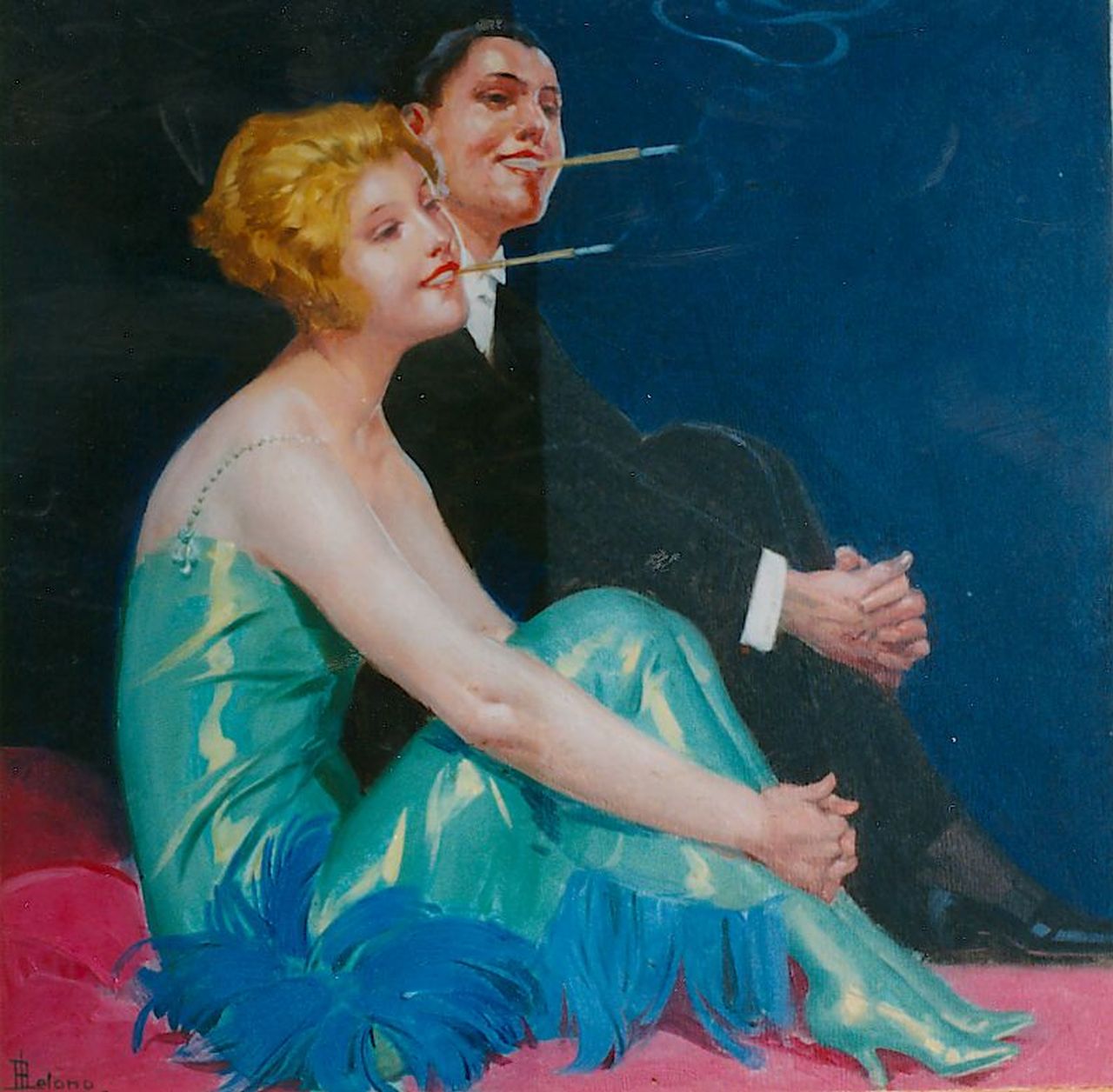 Lelong R. | René Lelong, Rokend paar, olieverf op schilderskarton 34,9 x 35,3 cm, gesigneerd linksonder Lelong R. | René Lelong, Rokend paar, olieverf op schilderskarton 34,9 x 35,3 cm, gesigneerd linksonder