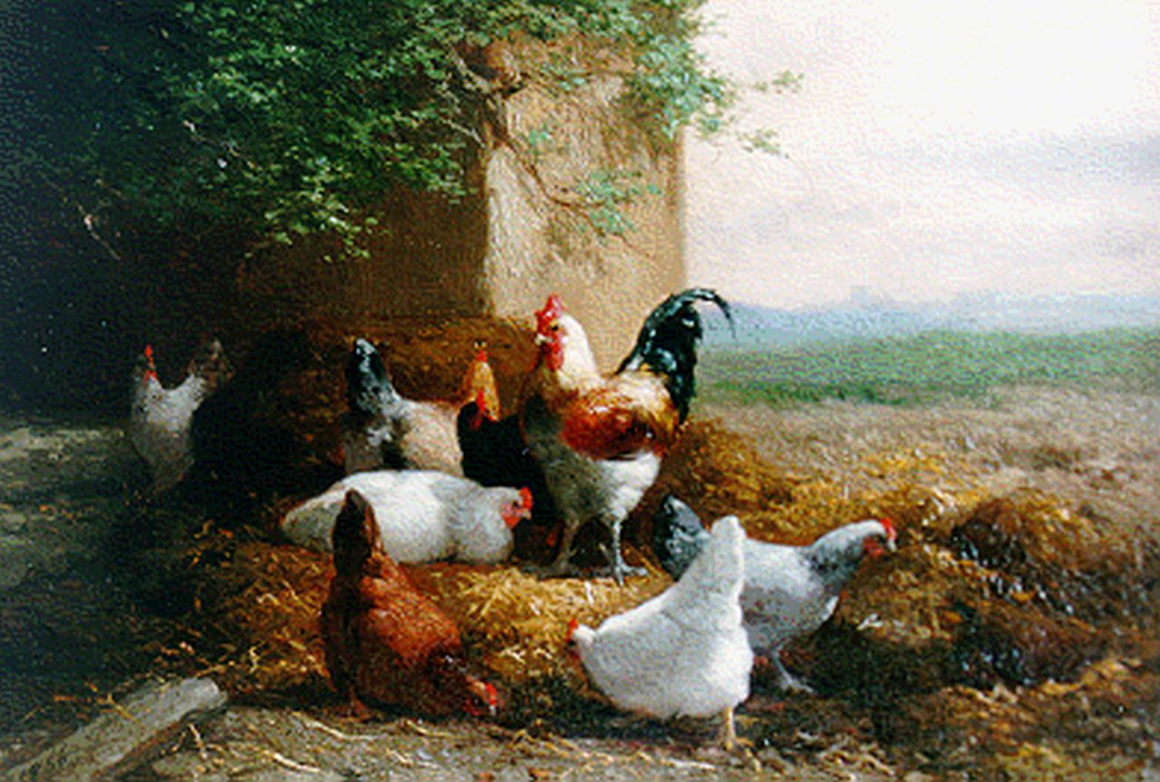 Maes E.R. | Eugène Remy Maes, Hoenders, olieverf op paneel 16,6 x 24,0 cm, gesigneerd rechtsonder en gedateerd 1866 l.o. Maes E.R. | Eugène Remy Maes, Hoenders, olieverf op paneel 16,6 x 24,0 cm, gesigneerd rechtsonder en gedateerd 1866 l.o.