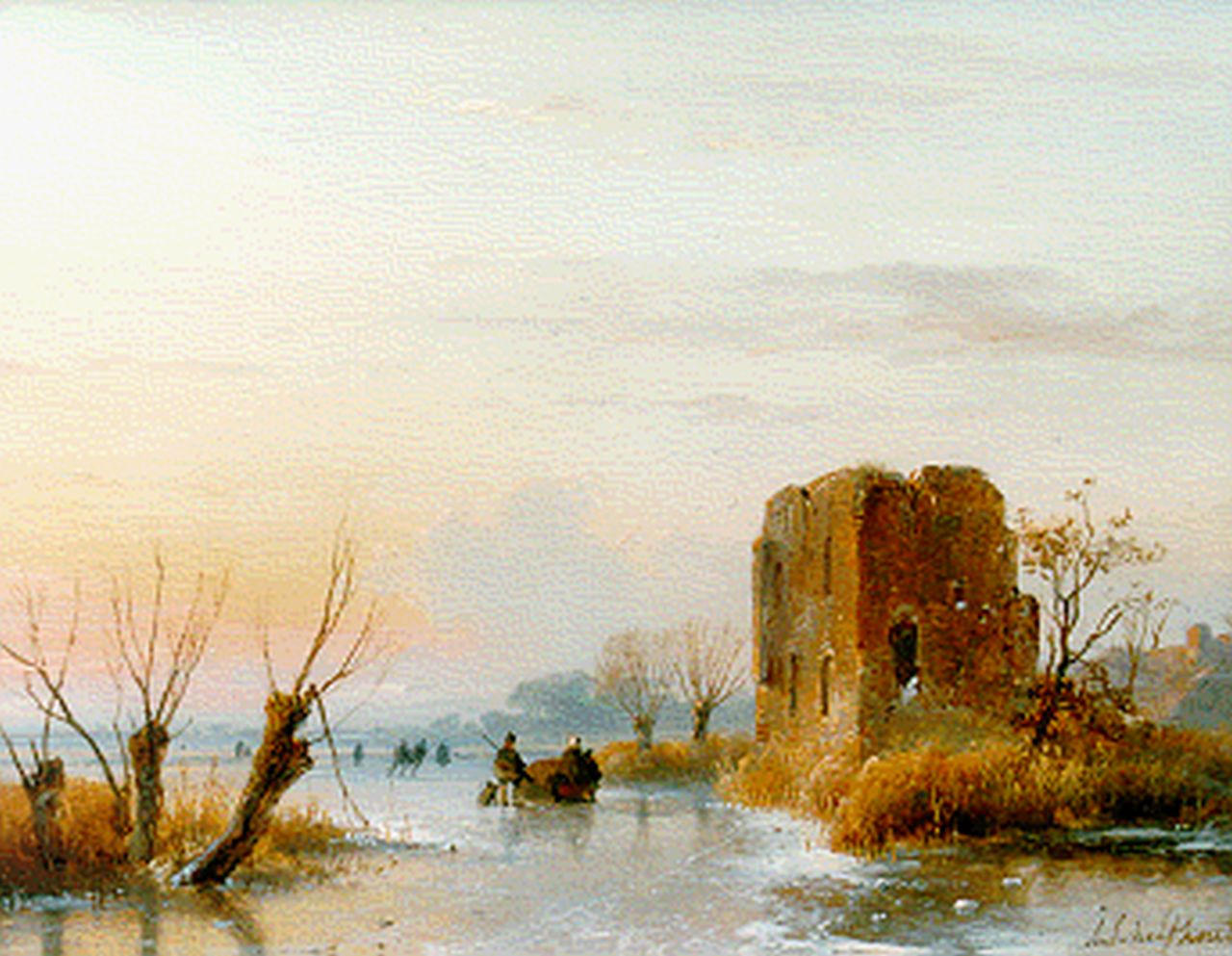 Schelfhout A. | Andreas Schelfhout, IJsgezichtje met ruine bij avond, olieverf op paneel 20,7 x 27,0 cm, gesigneerd rechtsonder Schelfhout A. | Andreas Schelfhout, IJsgezichtje met ruine bij avond, olieverf op paneel 20,7 x 27,0 cm, gesigneerd rechtsonder