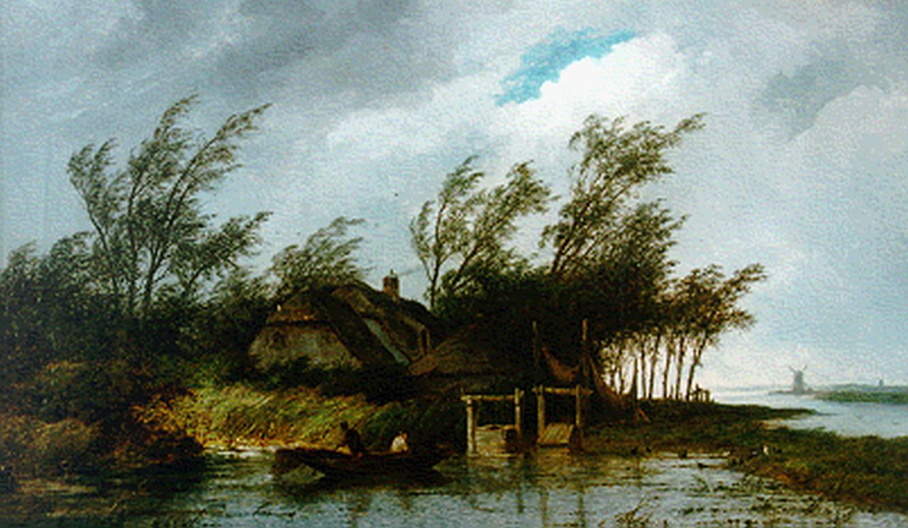 Hans J.G. | Josephus Gerardus Hans, Boerderij aan de rivier, olieverf op doek 59,8 x 100,0 cm, gesigneerd rechtsonder en gedateerd 1887 Hans J.G. | Josephus Gerardus Hans, Boerderij aan de rivier, olieverf op doek 59,8 x 100,0 cm, gesigneerd rechtsonder en gedateerd 1887