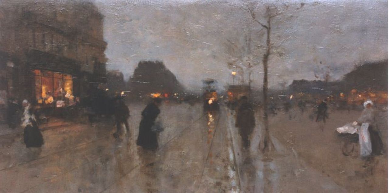 Loir A.F.J. | Aloys François Joseph 'Luigi' Loir, Straatscene bij avond, olieverf op doek 32,5 x 56,0 cm, gesigneerd rechtsonder Loir A.F.J. | Aloys François Joseph 'Luigi' Loir, Straatscene bij avond, olieverf op doek 32,5 x 56,0 cm, gesigneerd rechtsonder