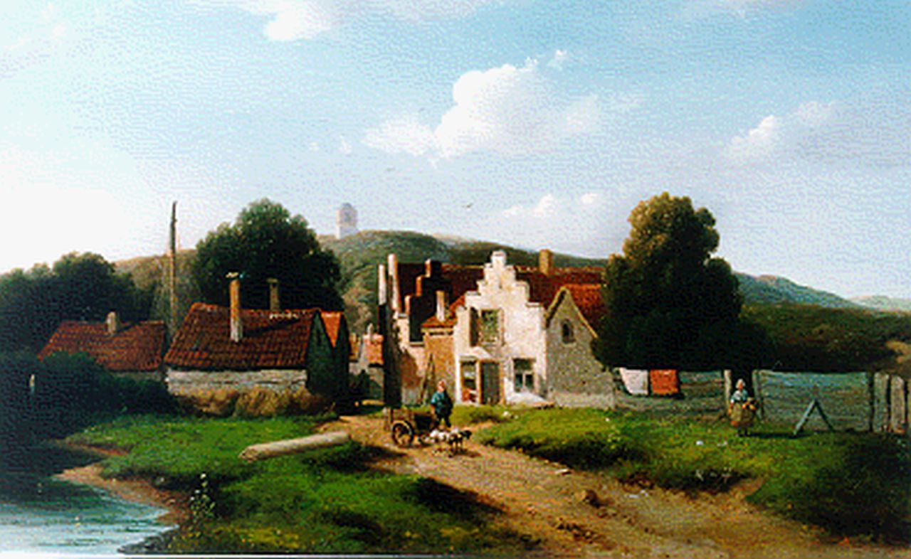 Vrolijk J.A.  | Jacobus 'Adriaan' Vrolijk, Dorpje met figuren in de duinen, olieverf op paneel 24,9 x 37,8 cm, gesigneerd rechtsonder