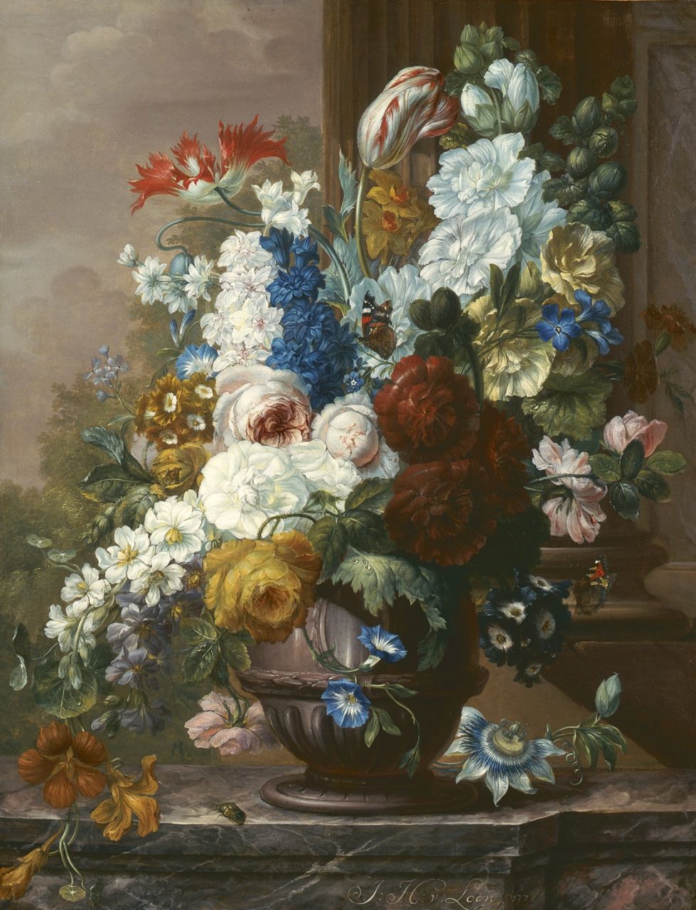 Loon J.H. van | Johannes Hermanus van Loon, Gemengd boeket met vlinders, olieverf op doek 68,0 x 51,0 cm, gesigneerd rechtsonder en gedateerd 1778