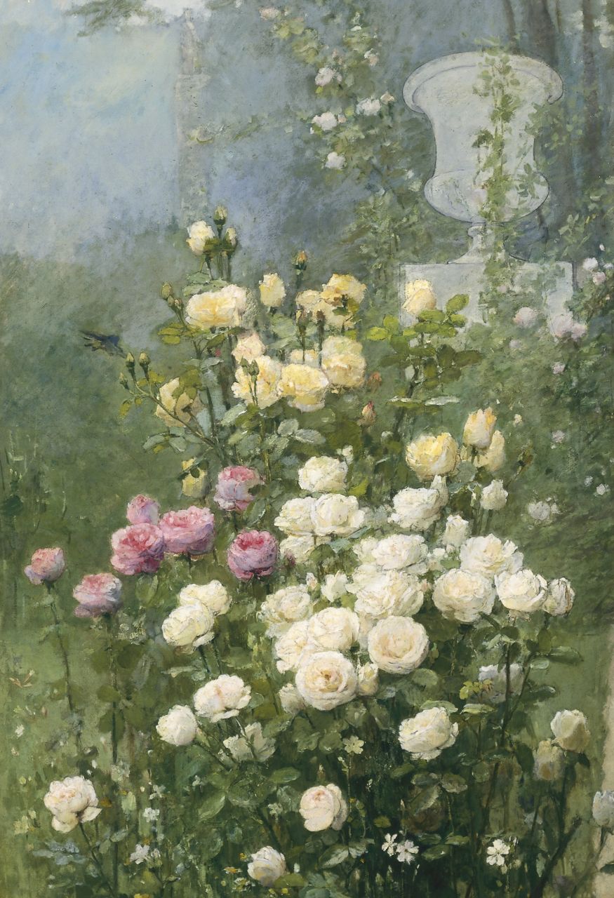 Quost E.  | Ernest Quost, Rozen in een tuin, olieverf op doek 151,5 x 90,0 cm, gesigneerd linksonder