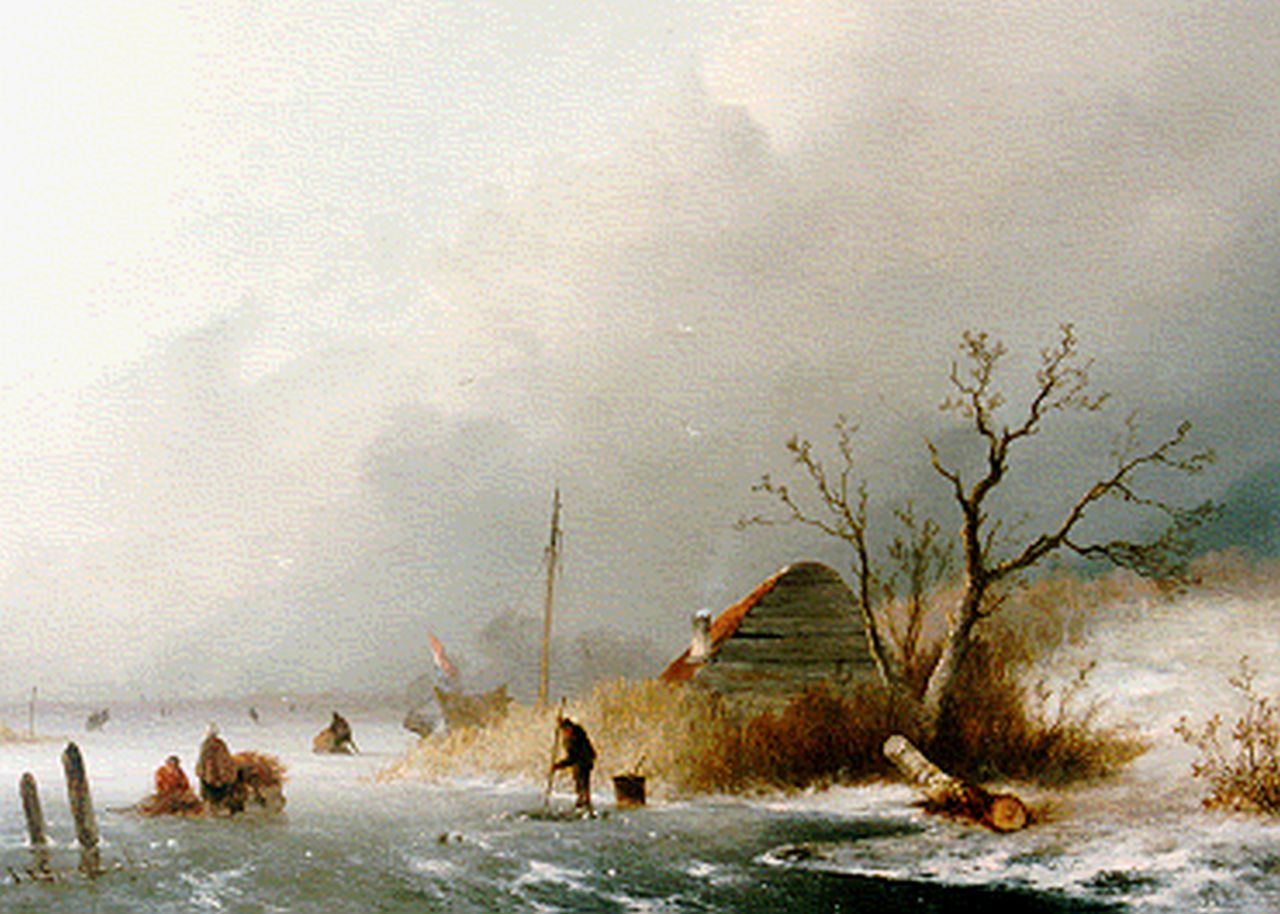 Hoppenbrouwers J.F. | Johannes Franciscus Hoppenbrouwers, Winters ijsgezicht met schaatsers, olieverf op paneel 34,1 x 47,8 cm, gesigneerd linksonder en gedateerd '52 Hoppenbrouwers J.F. | Johannes Franciscus Hoppenbrouwers, Winters ijsgezicht met schaatsers, olieverf op paneel 34,1 x 47,8 cm, gesigneerd linksonder en gedateerd '52