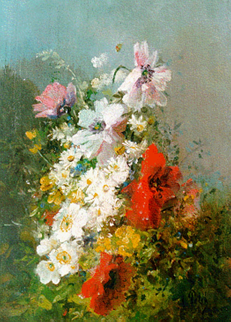 Petit E.  | Eugène Petit, Bloemstilleven met klaproos en kamille, olieverf op paneel 32,7 x 23,8 cm, gesigneerd rechtsonder