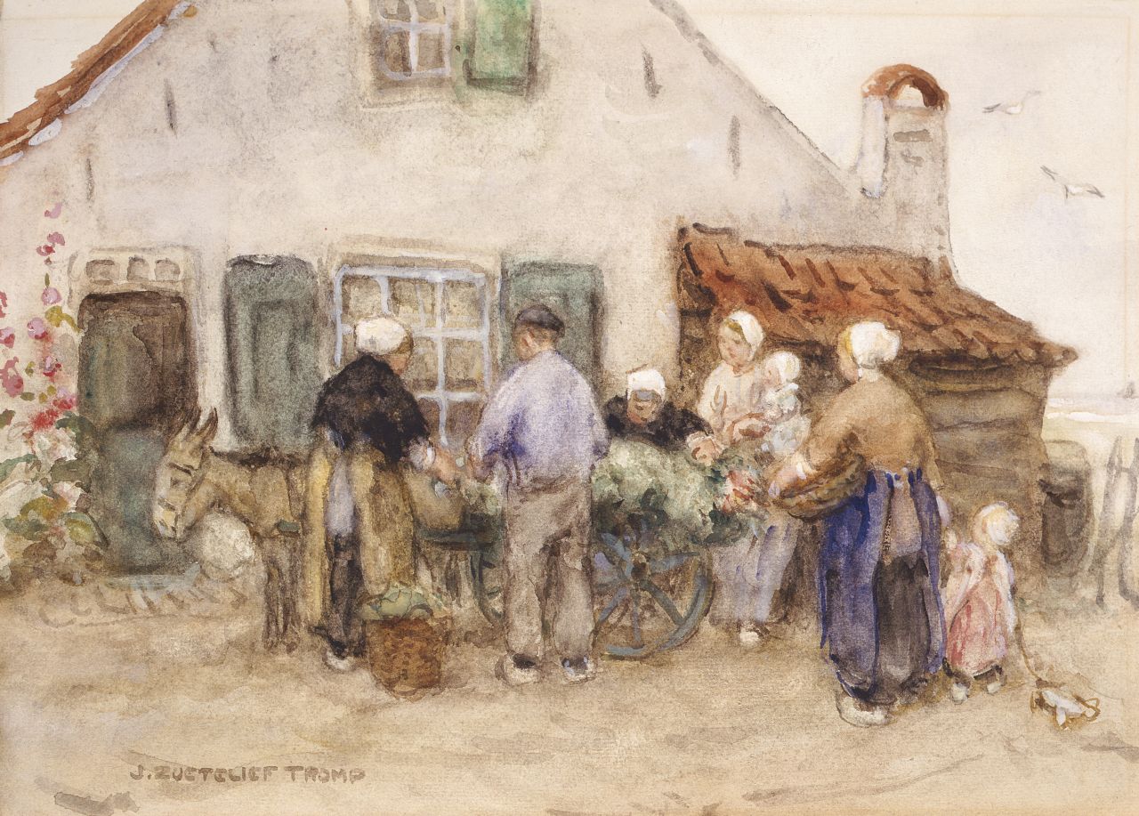 Zoetelief Tromp J. | Johannes 'Jan' Zoetelief Tromp, De groentenverkoopster, olieverf op doek 25,0 x 35,5 cm, gesigneerd linksonder Zoetelief Tromp J. | Johannes 'Jan' Zoetelief Tromp, De groentenverkoopster, olieverf op doek 25,0 x 35,5 cm, gesigneerd linksonder