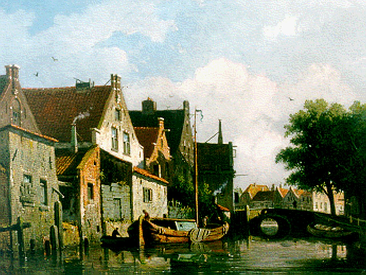 Eversen A. | Adrianus Eversen, Stadsgezicht met gracht, olieverf op paneel 25,0 x 33,2 cm, gesigneerd linksonder Eversen A. | Adrianus Eversen, Stadsgezicht met gracht, olieverf op paneel 25,0 x 33,2 cm, gesigneerd linksonder