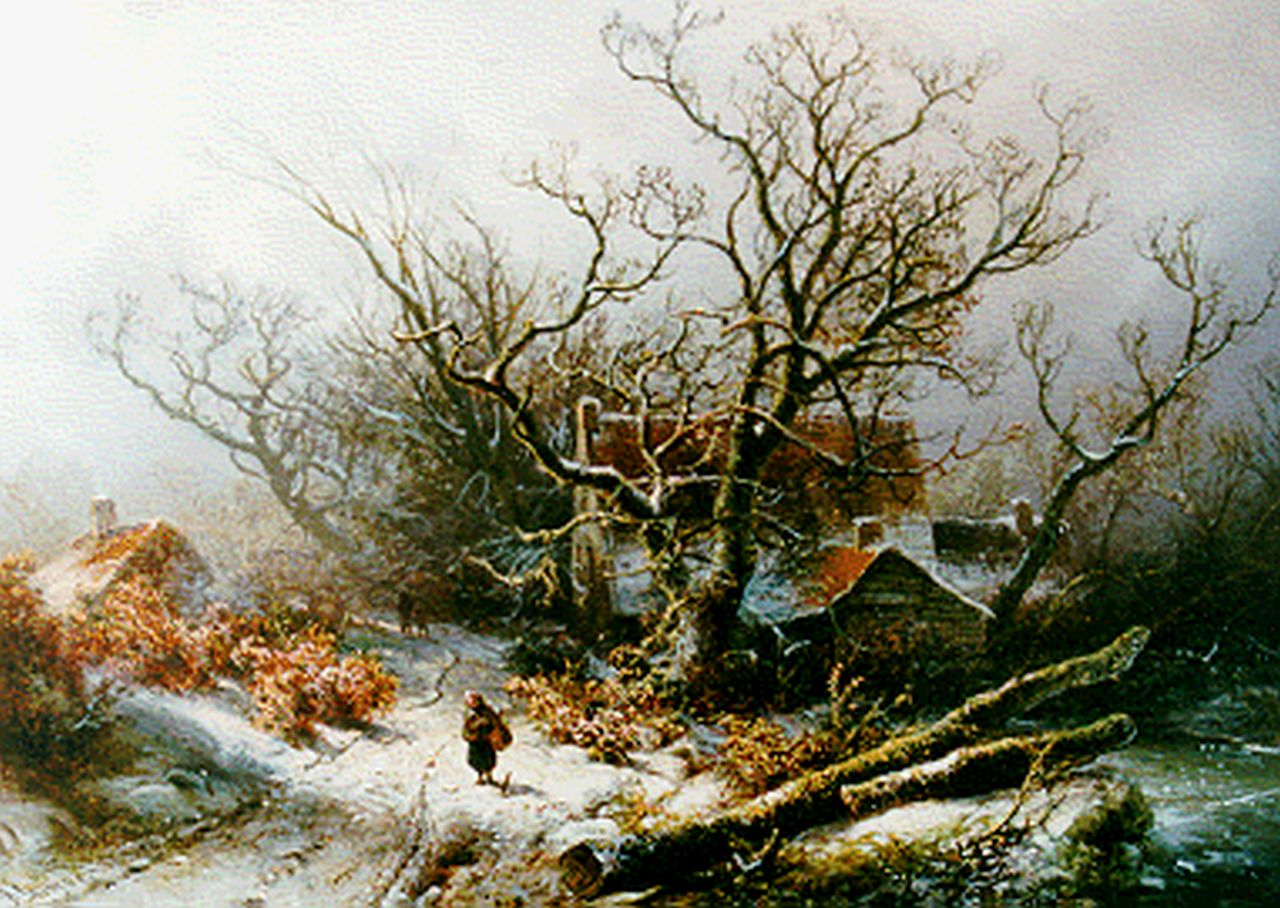 Kluyver P.L.F. | 'Pieter' Lodewijk Francisco Kluyver, Boerin op een besneeuwde bosweg, olieverf op paneel 25,3 x 35,4 cm, gesigneerd linksonder Kluyver P.L.F. | 'Pieter' Lodewijk Francisco Kluyver, Boerin op een besneeuwde bosweg, olieverf op paneel 25,3 x 35,4 cm, gesigneerd linksonder