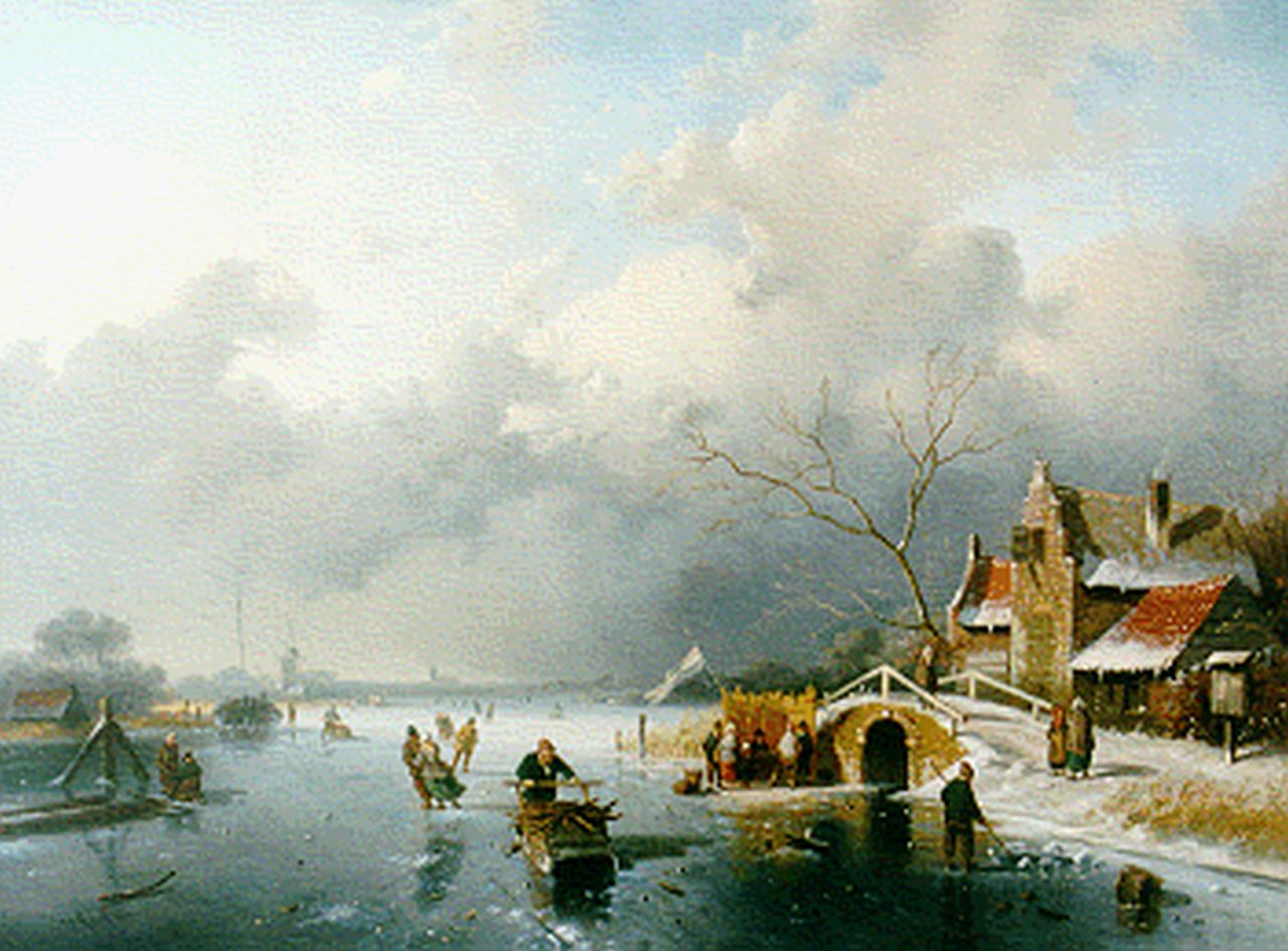 Morel II J.E.  | Jan Evert Morel II, Winterlandschap met schaatsers en koek-en-zopie, olieverf op doek 49,7 x 68,0 cm, gesigneerd linksonder