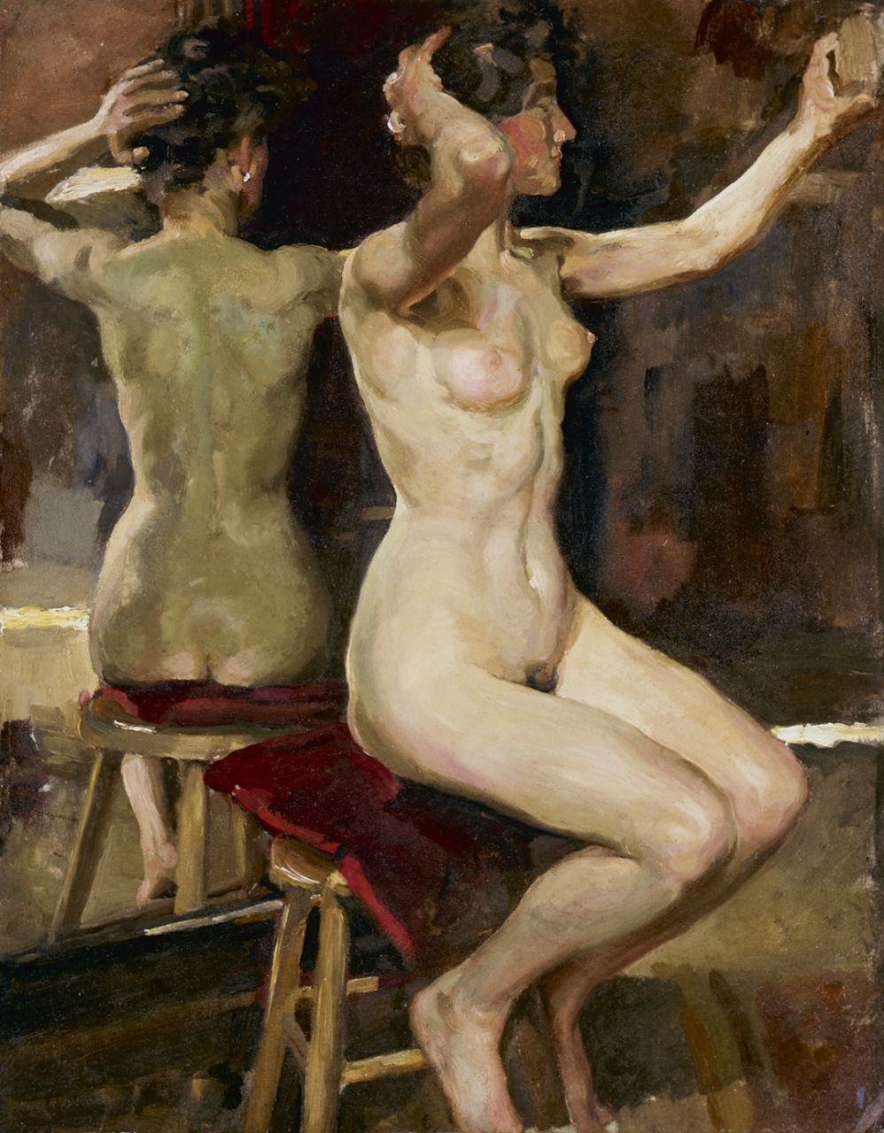 Luns H.M. | Hubert Marie 'Huib' Luns, Naaktmodel in het atelier aan de Rue du Couloir, olieverf op paneel 46,0 x 37,2 cm Luns H.M. | Hubert Marie 'Huib' Luns, Naaktmodel in het atelier aan de Rue du Couloir, olieverf op paneel 46,0 x 37,2 cm