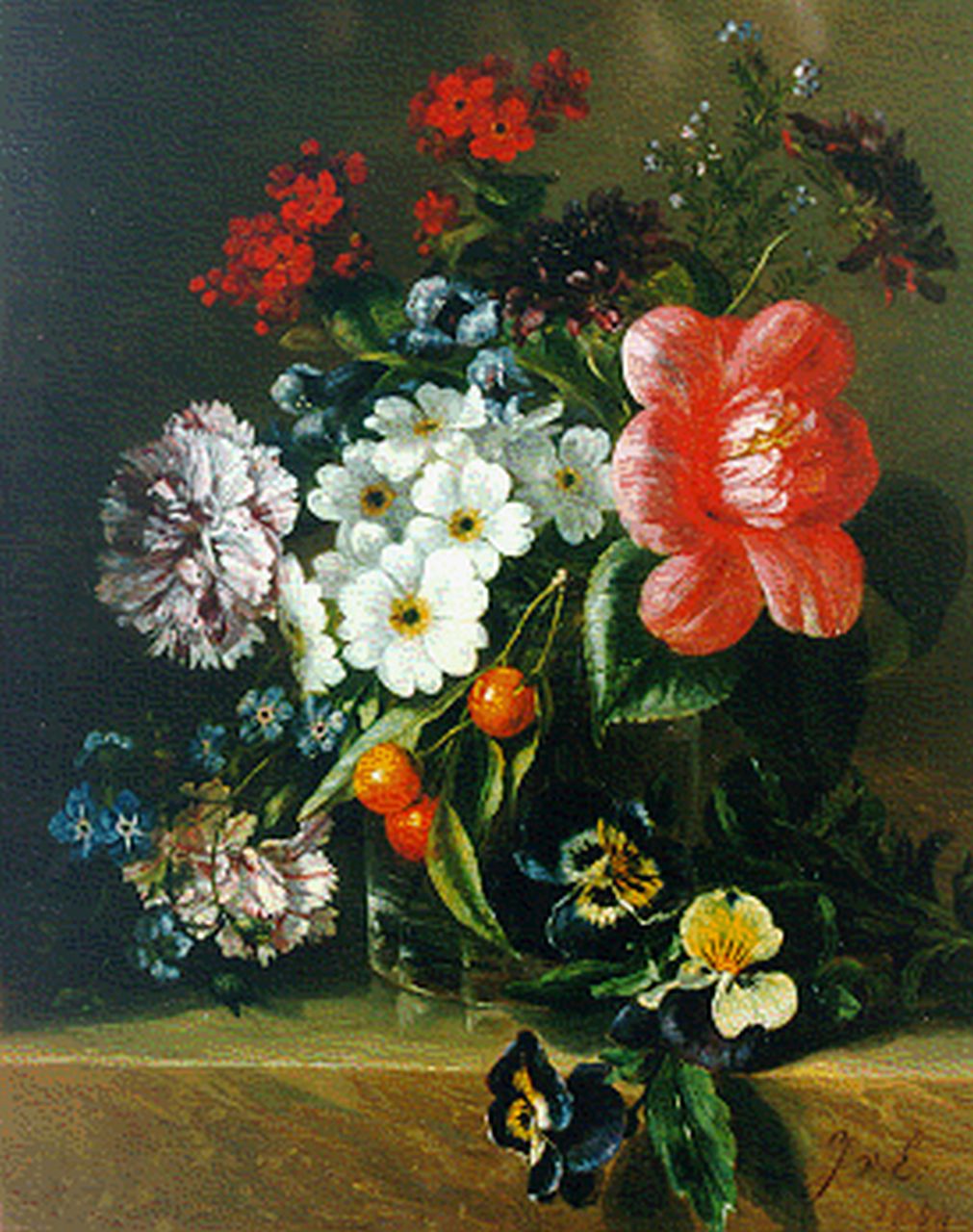 Eeghen J.R. van | Jacoba van Eeghen, Bloemstilleven met primula, kersen en violen, olieverf op paneel 27,5 x 22,0 cm, gesigneerd rechtsonder initialen en gedateerd 1854 Eeghen J.R. van | Jacoba van Eeghen, Bloemstilleven met primula, kersen en violen, olieverf op paneel 27,5 x 22,0 cm, gesigneerd rechtsonder initialen en gedateerd 1854