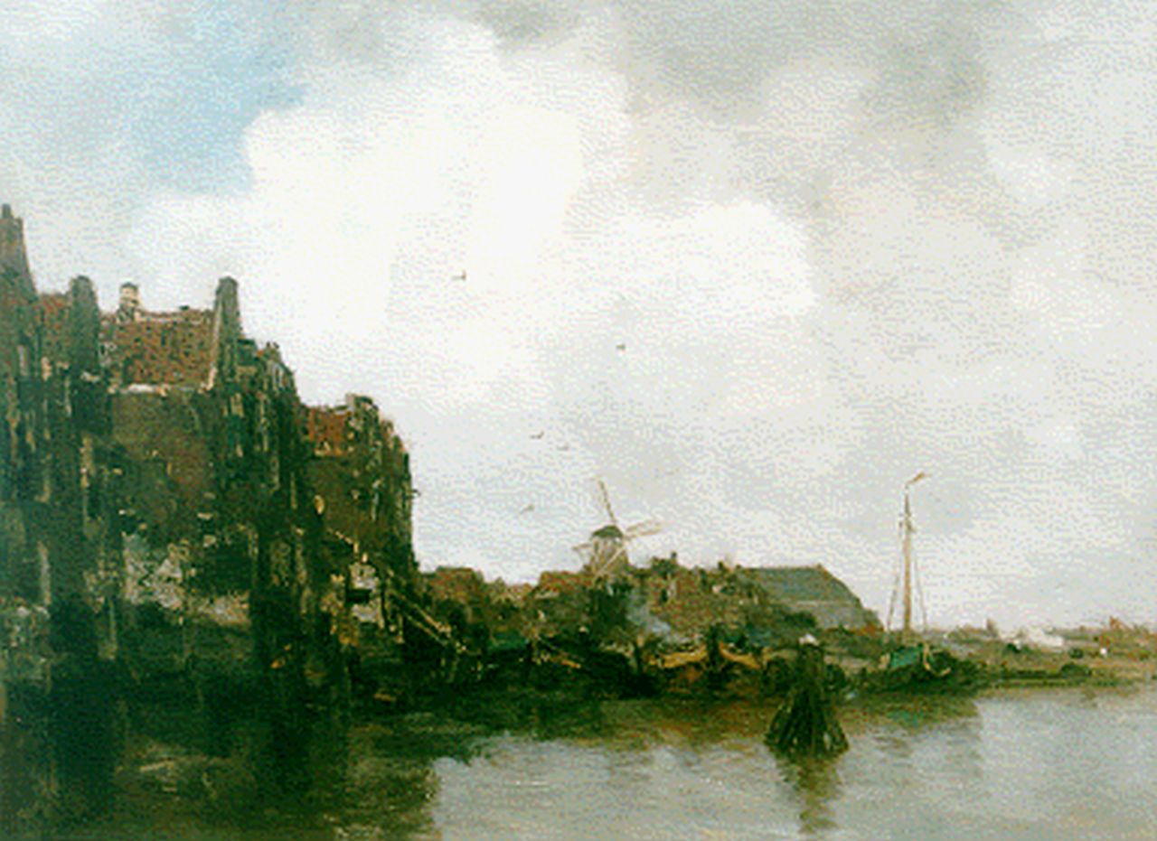 Maris J.H. | Jacobus Hendricus 'Jacob' Maris, Havengezicht met afgemeerde vrachtschepen, olieverf op doek 52,4 x 67,0 cm, gesigneerd linksonder Maris J.H. | Jacobus Hendricus 'Jacob' Maris, Havengezicht met afgemeerde vrachtschepen, olieverf op doek 52,4 x 67,0 cm, gesigneerd linksonder