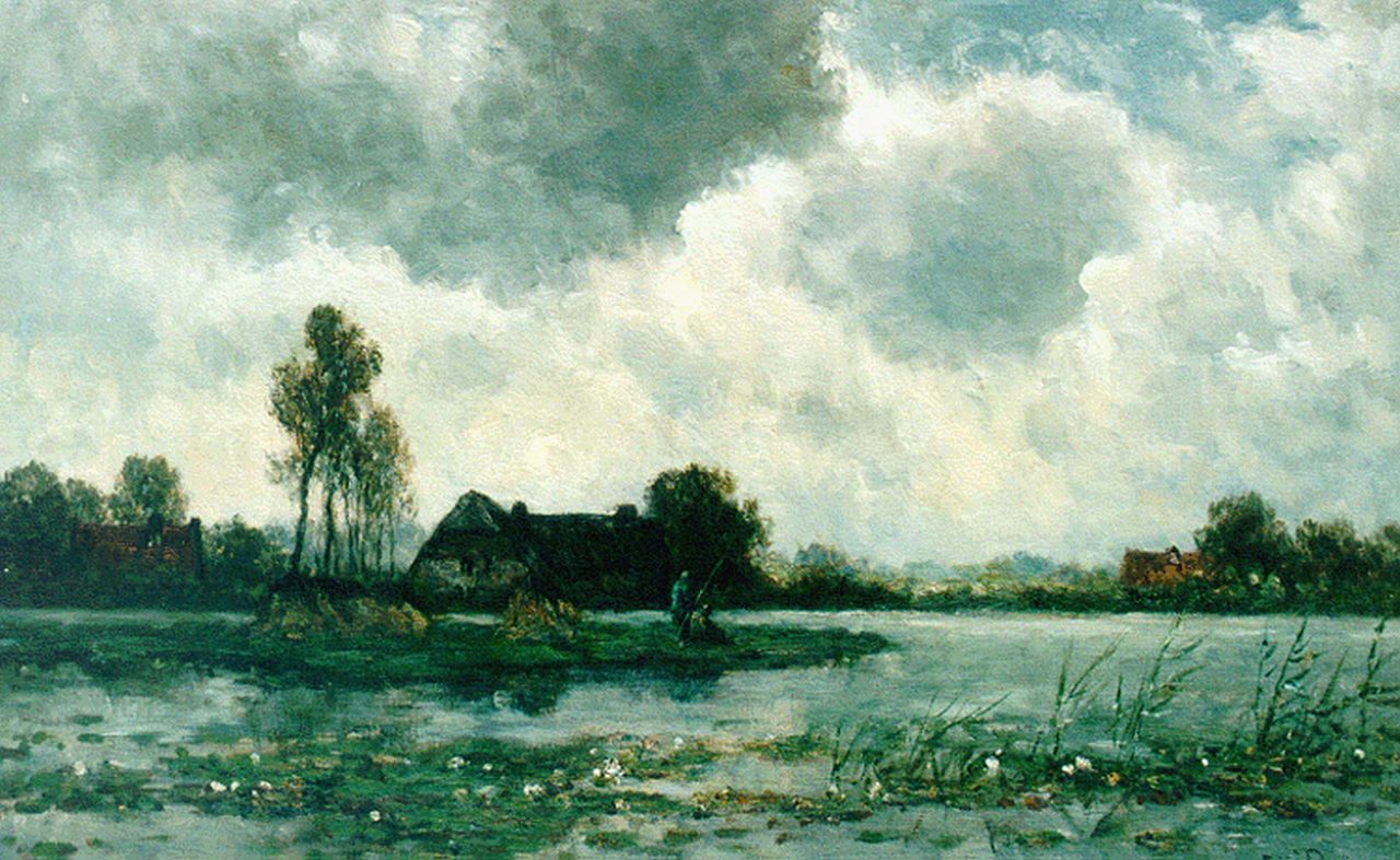 Roelofs W. | Willem Roelofs, Polderlandschap met hengelaars, olieverf op doek 47,5 x 74,5 cm, gesigneerd rechtsonder Roelofs W. | Willem Roelofs, Polderlandschap met hengelaars, olieverf op doek 47,5 x 74,5 cm, gesigneerd rechtsonder