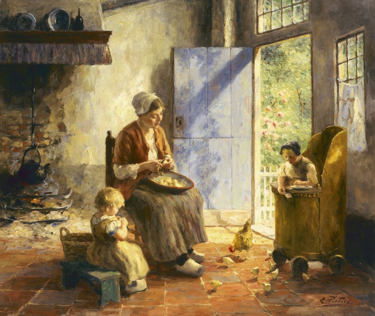 Pieters E. | Evert Pieters, Aardappels schillen, olieverf op doek 78,0 x 91,8 cm, gesigneerd rechtsonder Pieters E. | Evert Pieters, Aardappels schillen, olieverf op doek 78,0 x 91,8 cm, gesigneerd rechtsonder